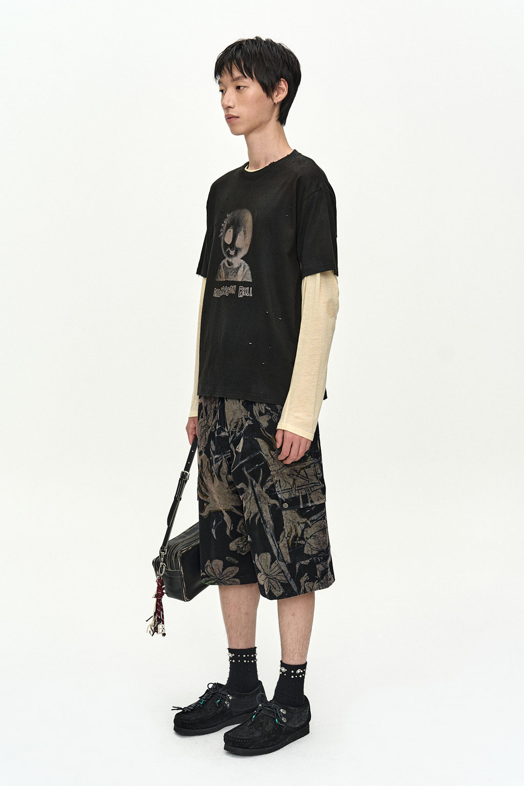 Andersson Bell - Flower Overlay Cargo Shorts (Black/Beige) product image 2 | TRAB K-Fashion Australia
