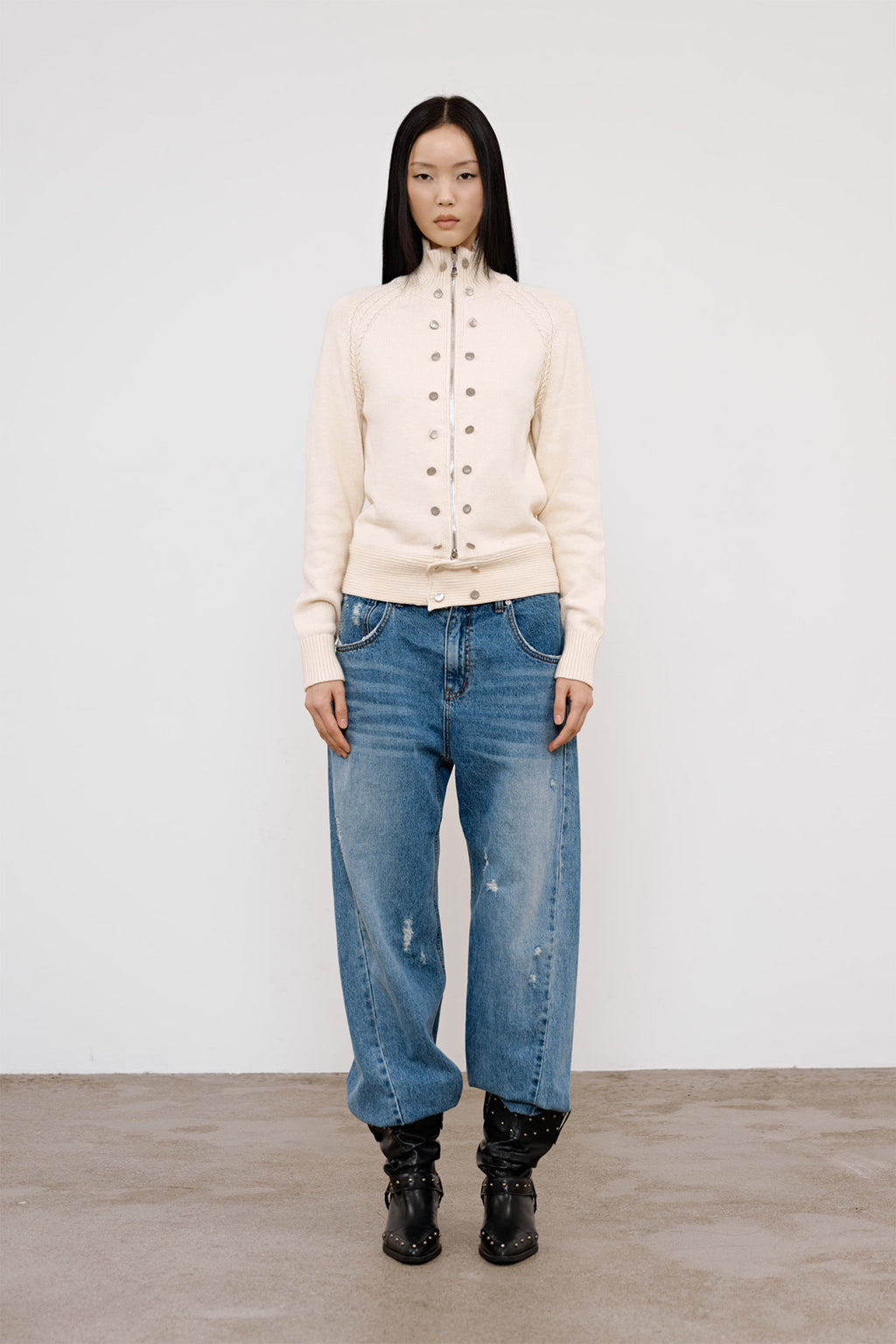 Deinet - High-Neck Stud Knit Outer (Ivory) product image 1 | TRAB K-Fashion Australia
