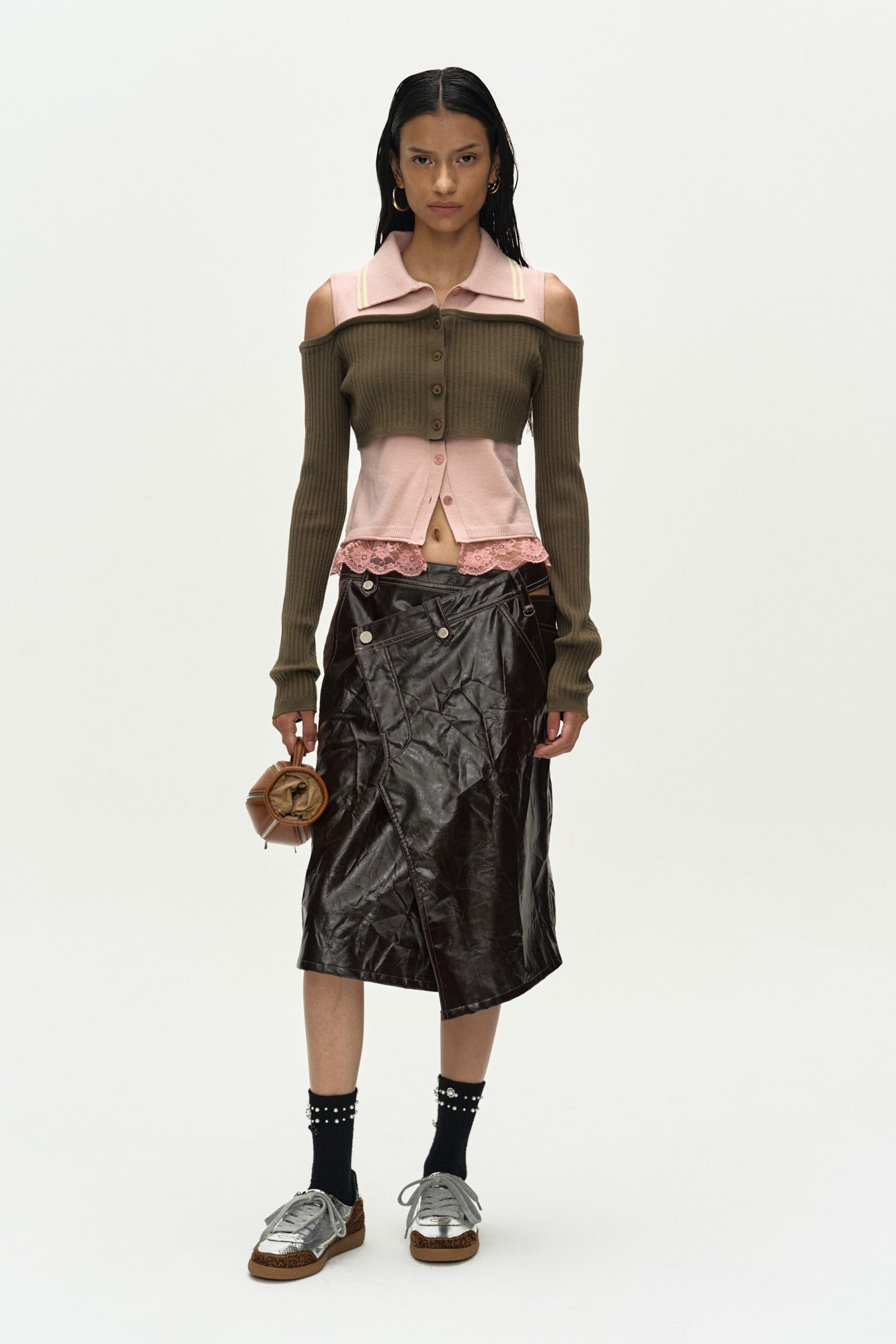 Andersson Bell - Layered Off-Shoulder Collar Top (Khaki/Pink) product image 1 | TRAB K-Fashion Australia