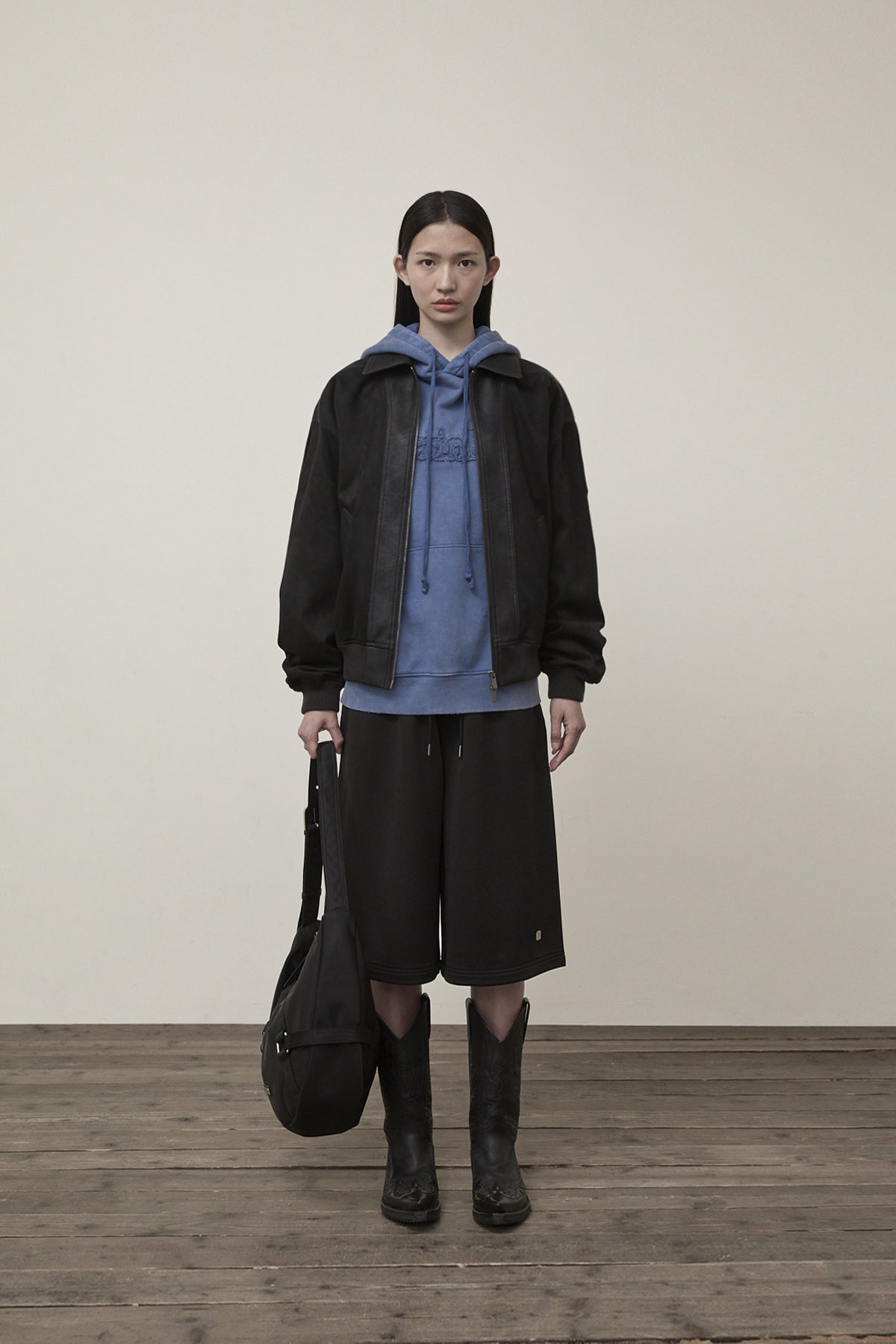 Matin Kim - Suede Mix Leather Zip Up Jumper (Black) product image 10 | TRAB K-Fashion Australia