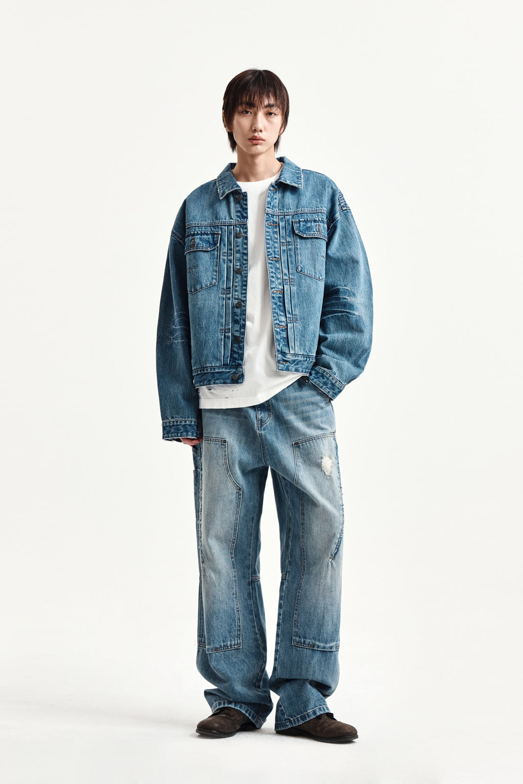 Matin Kim - Vintage Washed Double Knee Denim Pants (Blue) product image 10 | TRAB K-Fashion Australia