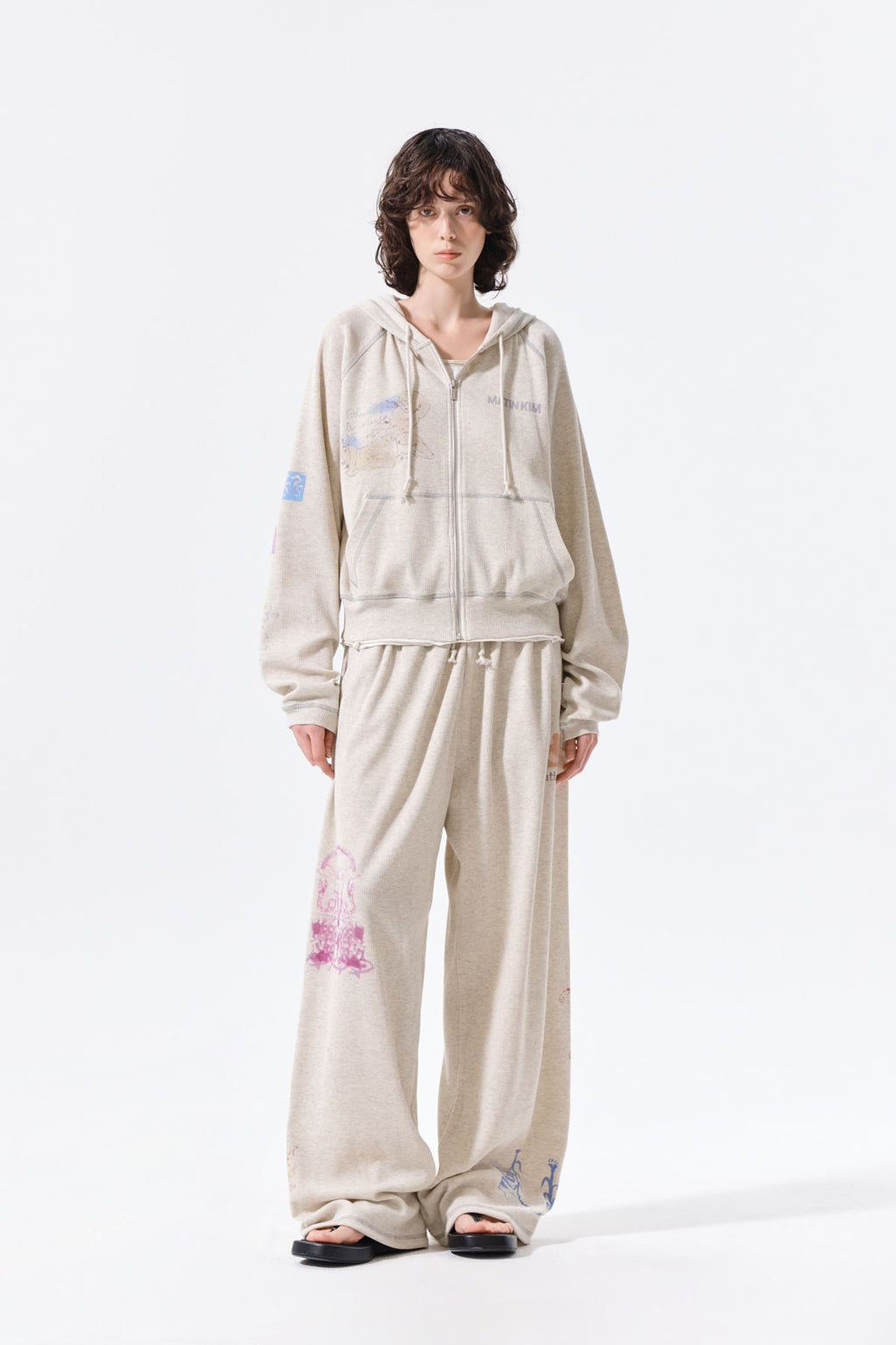Matin Kim - Sketch Graffiti Waffle Hoody Zip Up (Light Beige) product image 10 | TRAB K-Fashion Australia