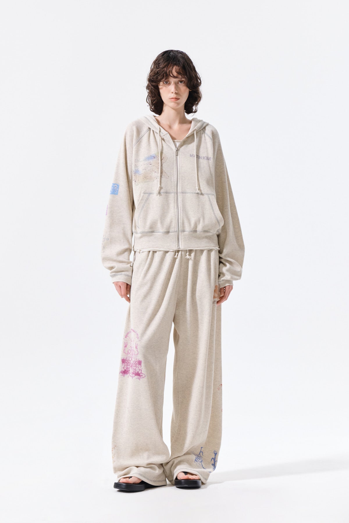 Matin Kim - Sketch Graffiti Waffle Hoody Zip Up (Light Beige) product image 10 | TRAB K-Fashion Australia