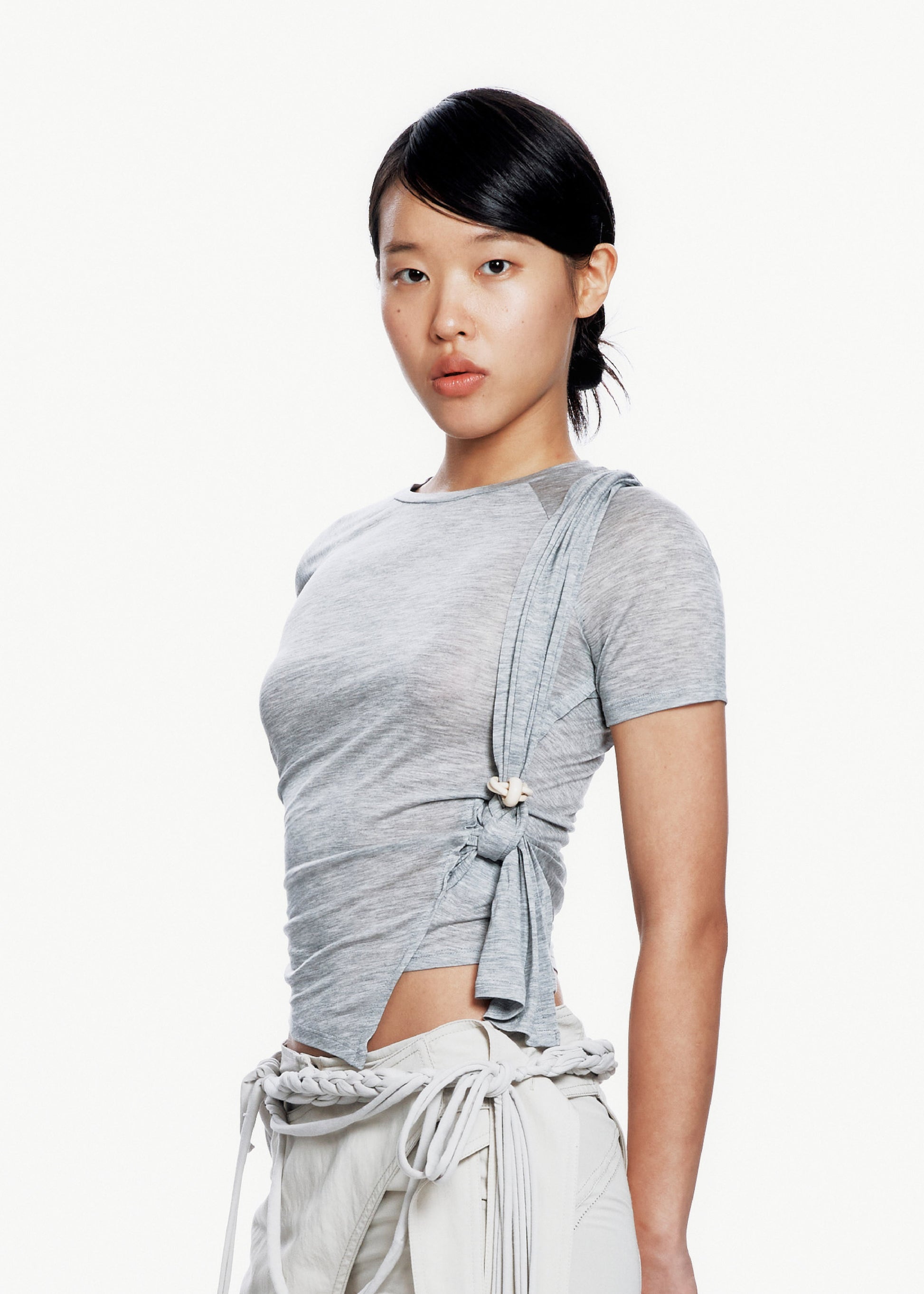 Hyein Seo - Tied Asymmetric T-shirt (Melange Grey) product image 1 | TRAB K-Fashion Australia