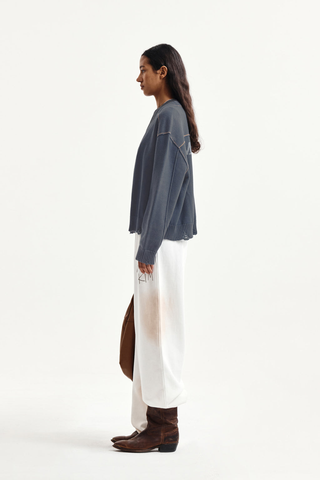 Matin Kim - Back Logo Line Point Knit Cardigan (Smoke Blue) product image 7 | TRAB K-Fashion Australia