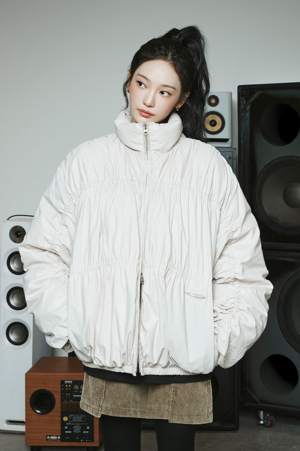 Matin Kim - High Neck Shirring Down Jumper (Light Beige) product image 1 | TRAB K-Fashion Australia