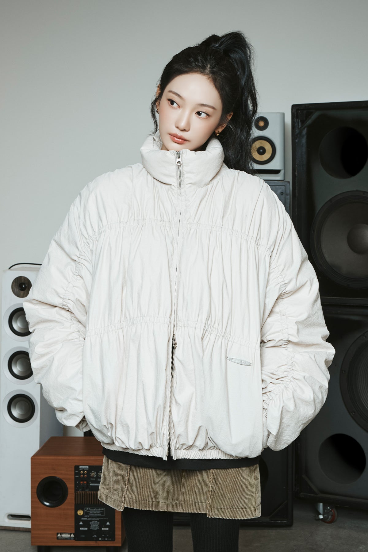 Matin Kim - High Neck Shirring Down Jumper (Light Beige) product image 1 | TRAB K-Fashion Australia