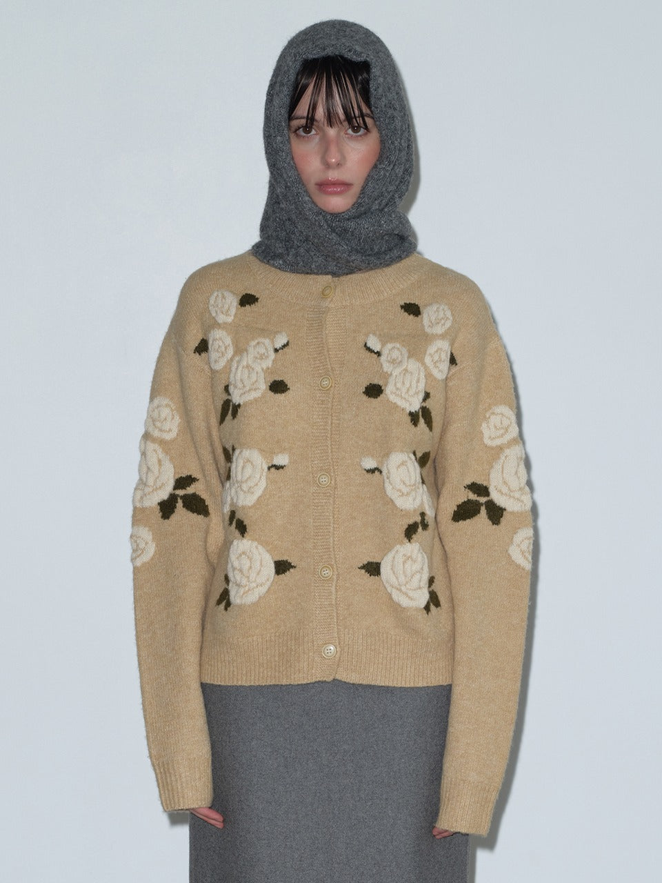 Margarin Fingers - Rose Jacquard Cardigan (Beige) product image 1 | TRAB K-Fashion Australia