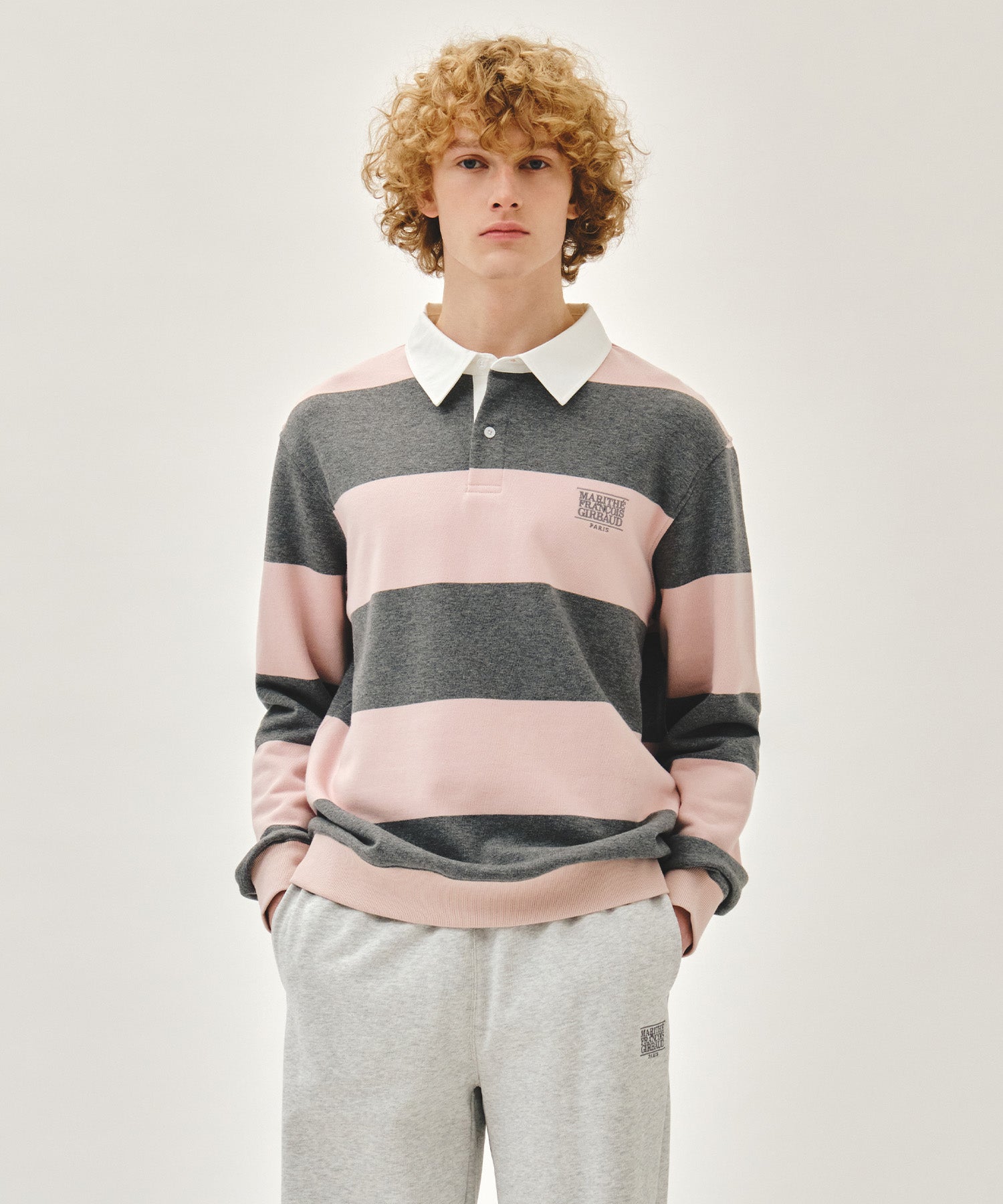 Marithe & Francois Girbaud - Small Classic Logo Rugby Stripe Sweatshirt (Light Pink) product image 1 | TRAB K-Fashion Australia