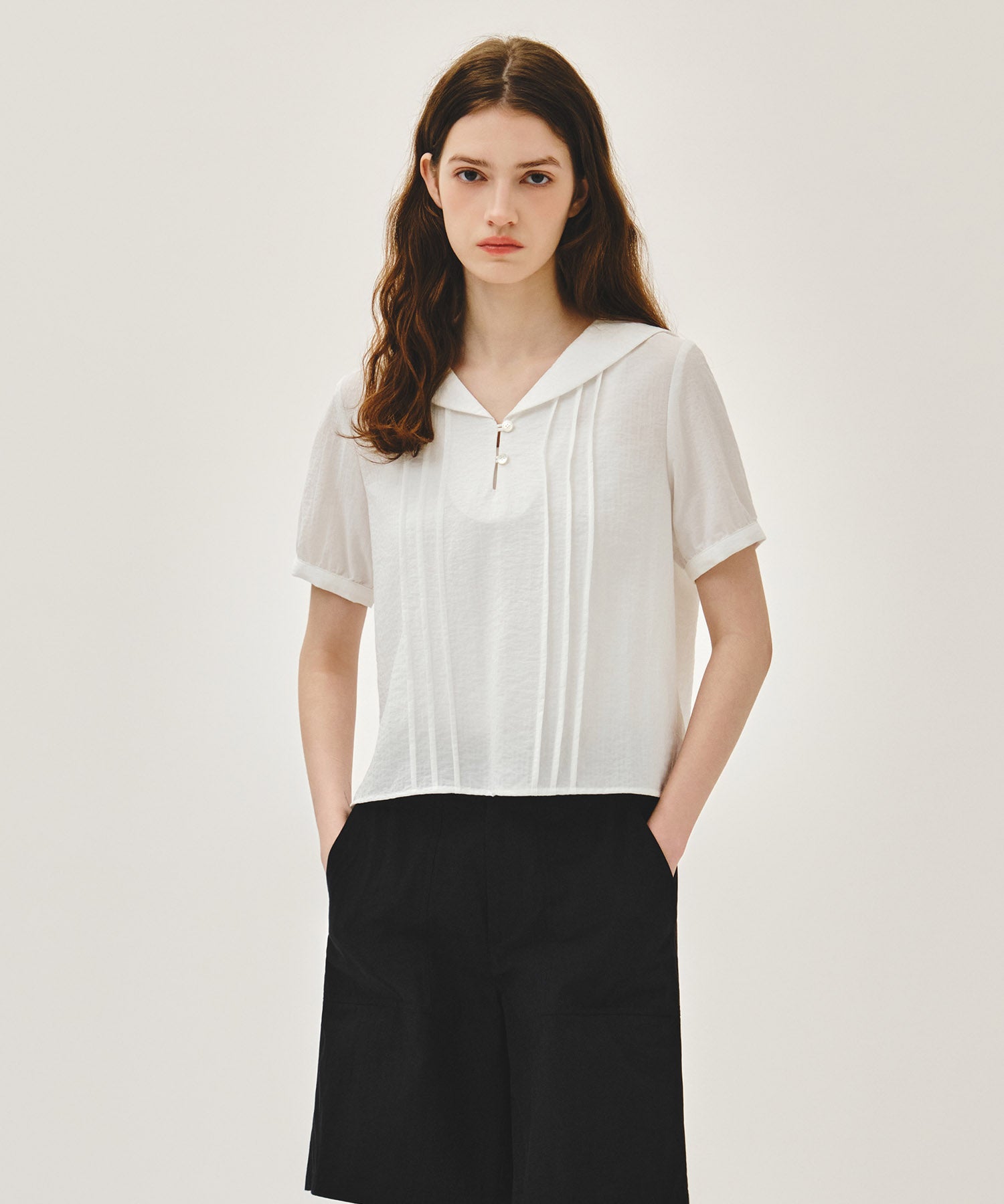 Marithe & Francois Girbaud - Pin Tuck Sailor Half Sleeve Shirt (White) product image 1 | TRAB K-Fashion Australia