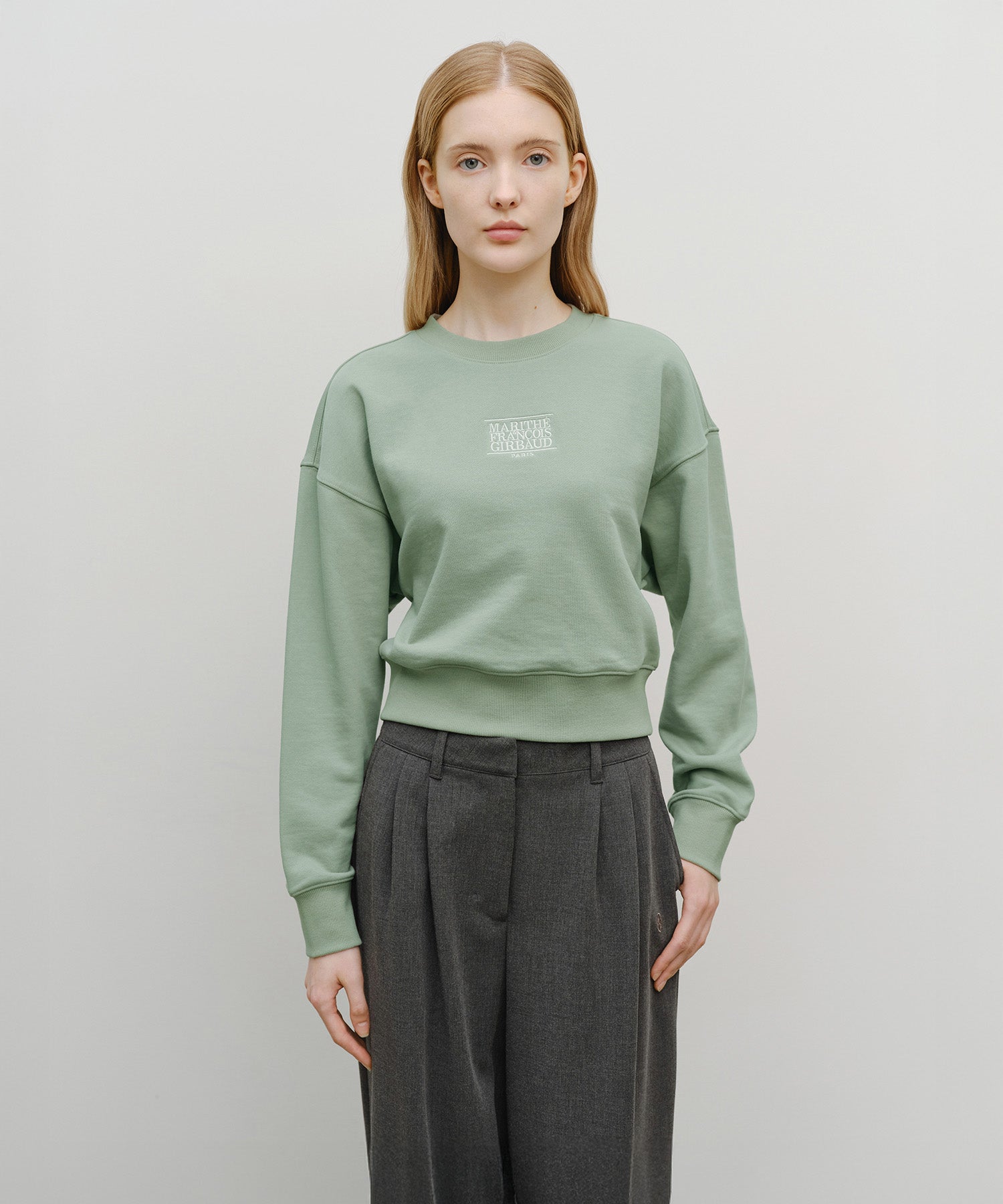 Marithe & Francois Girbaud - Small Classic Logo Crop Sweatshirt (Mint Gray) product image 1 | TRAB K-Fashion Australia