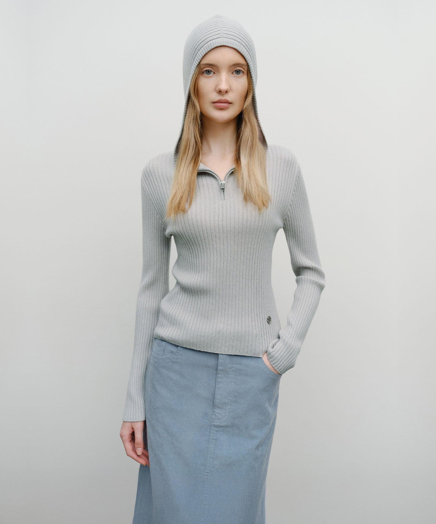 Marithe & Francois Girbaud - Balaclava Hoodie Slim Knit (Light Gray) product image 1 | TRAB K-Fashion Australia