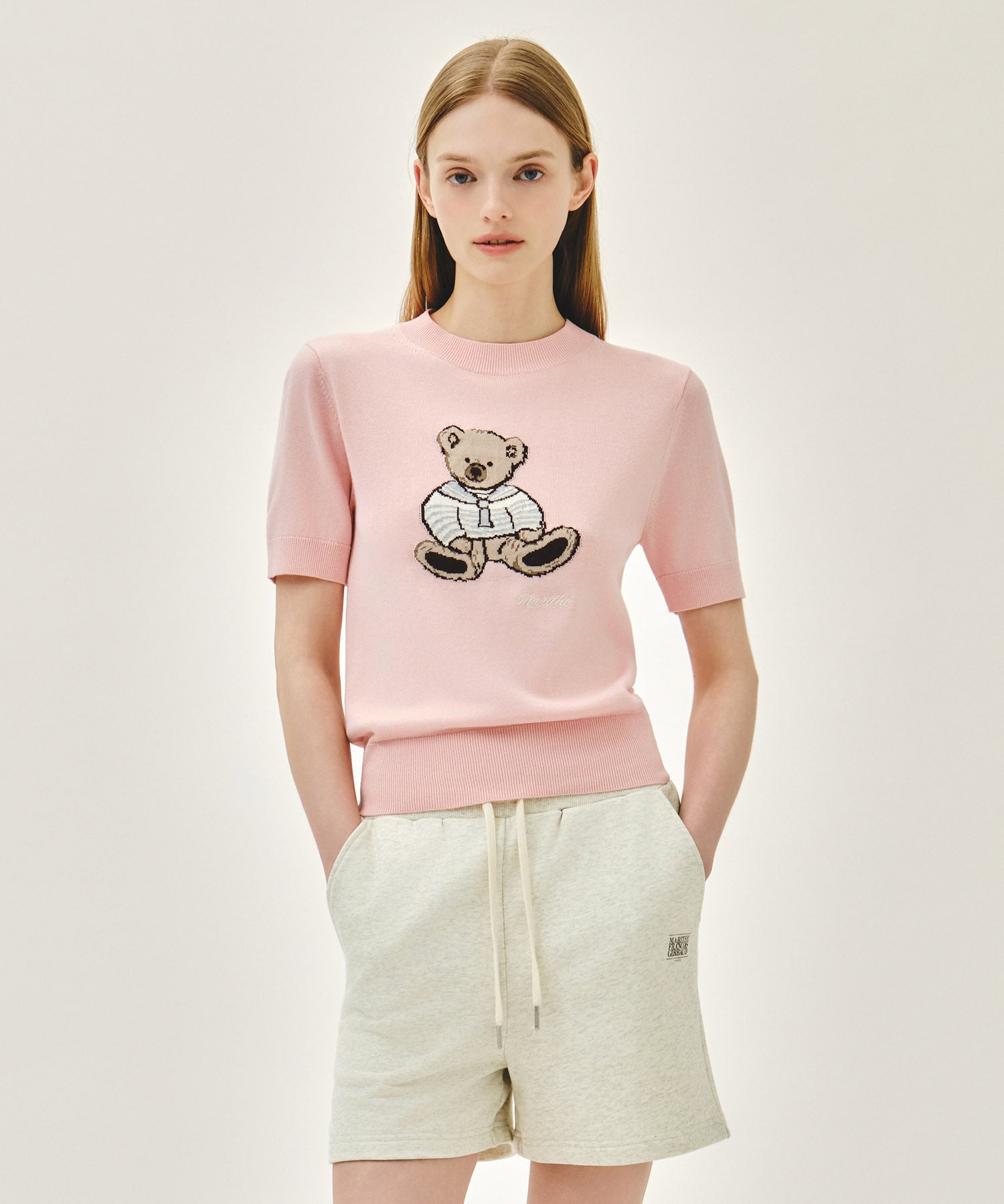 Marithe & Francois Girbaud - Doodle Bear Half Knit Pullover (Light Pink) product image 1 | TRAB K-Fashion Australia