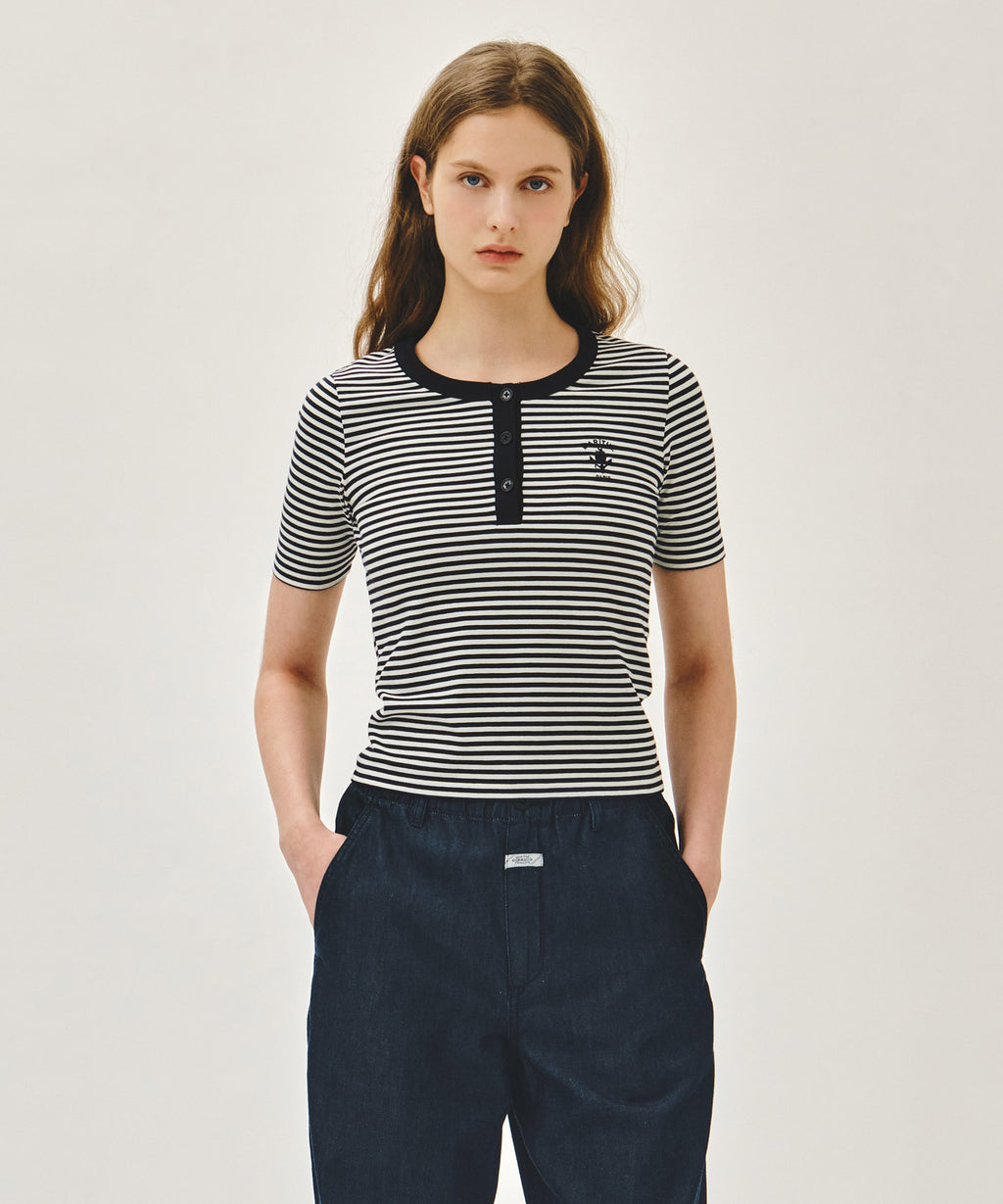 Marithe & Francois Girbaud - Stripe Henley Neck Tee (Navy) product image 1 | TRAB K-Fashion Australia