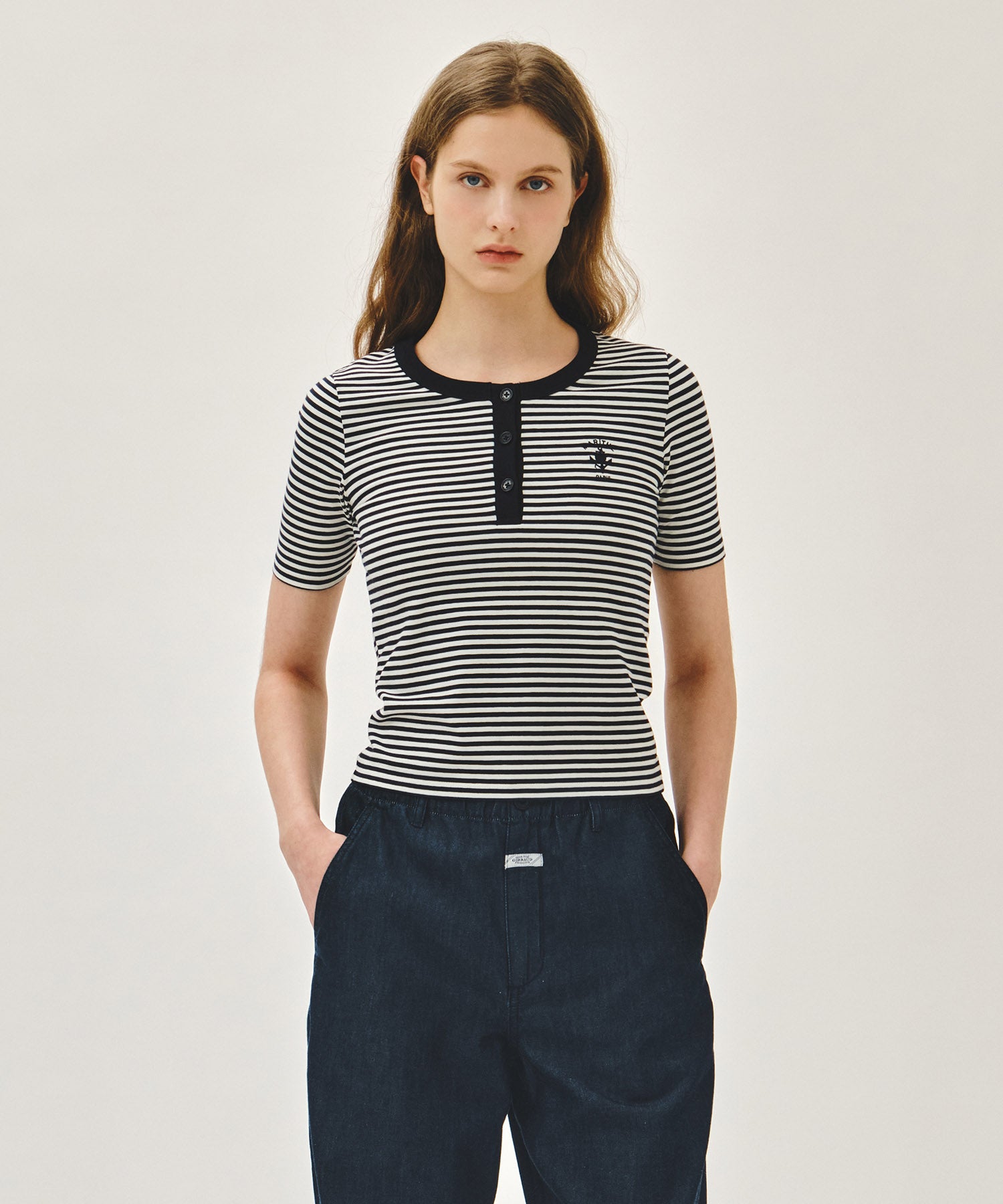 Marithe & Francois Girbaud - Stripe Henley Neck Tee (Navy) product image 1 | TRAB K-Fashion Australia