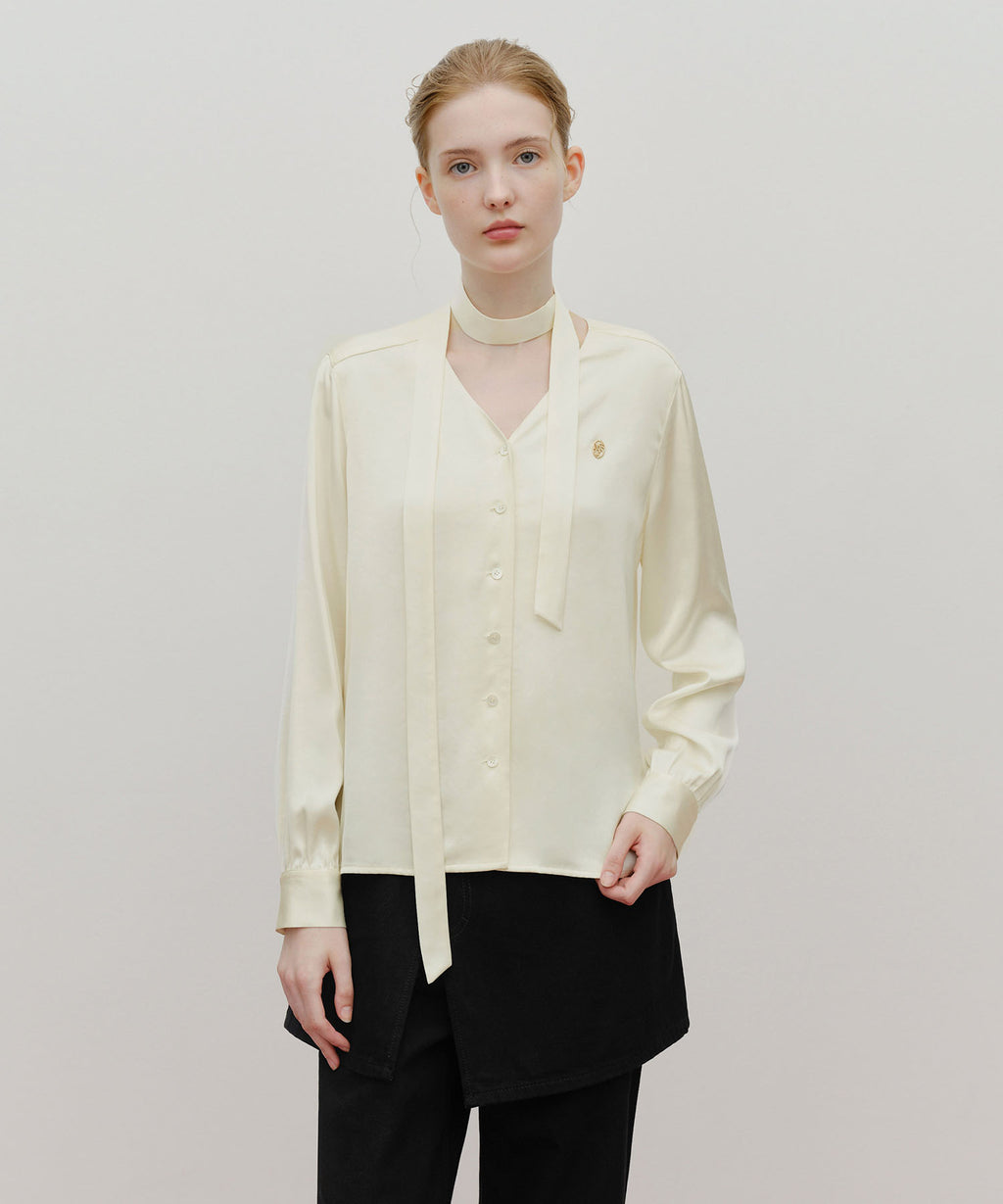 Marithe & Francois Girbaud - V-neck Tie Blouse (Ivory) product image 1 | TRAB K-Fashion Australia