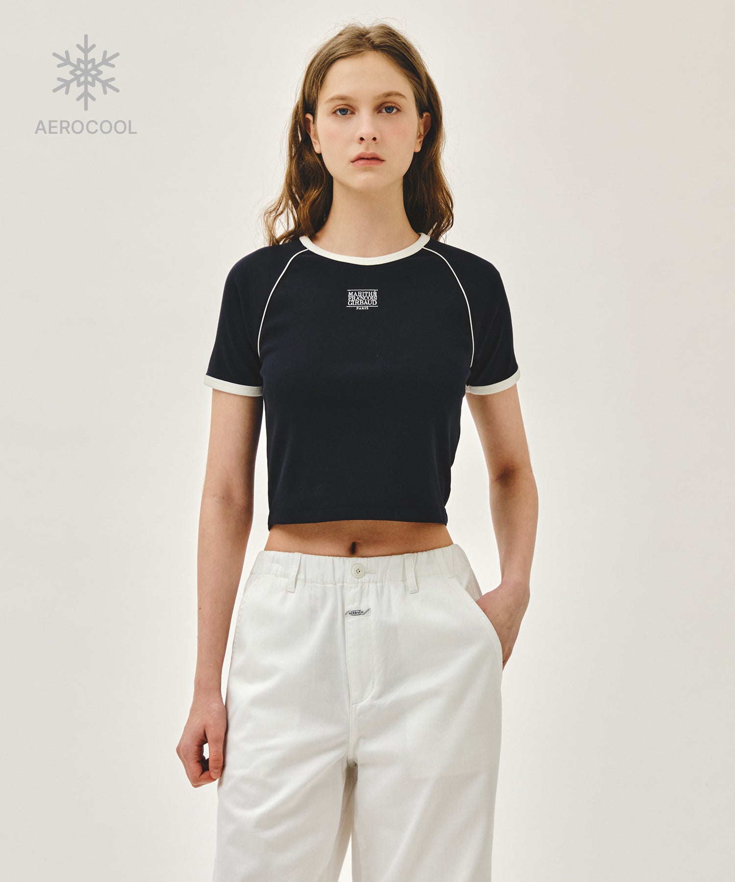 Marithe & Francois Girbaud - Aerocool Small Classic Logo Ringer Slim Crop Tee (Navy) product image 1 | TRAB K-Fashion Australia