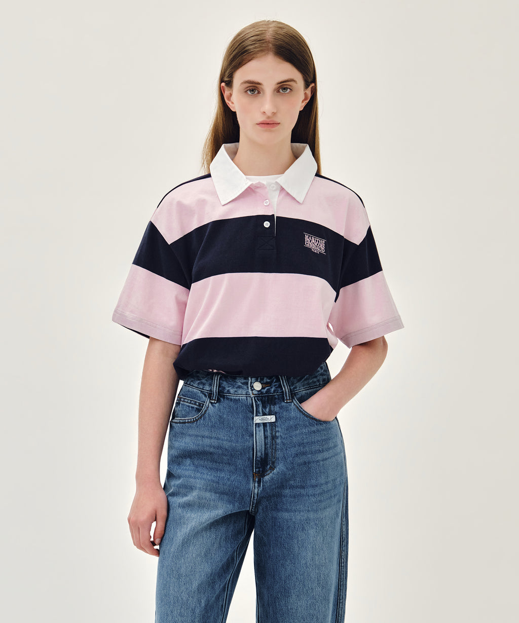 Marithe & Francois Girbaud - Small Classic Logo Rugby Stripe Oversized Collar Tee (Pink) product image 1 | TRAB K-Fashion Australia