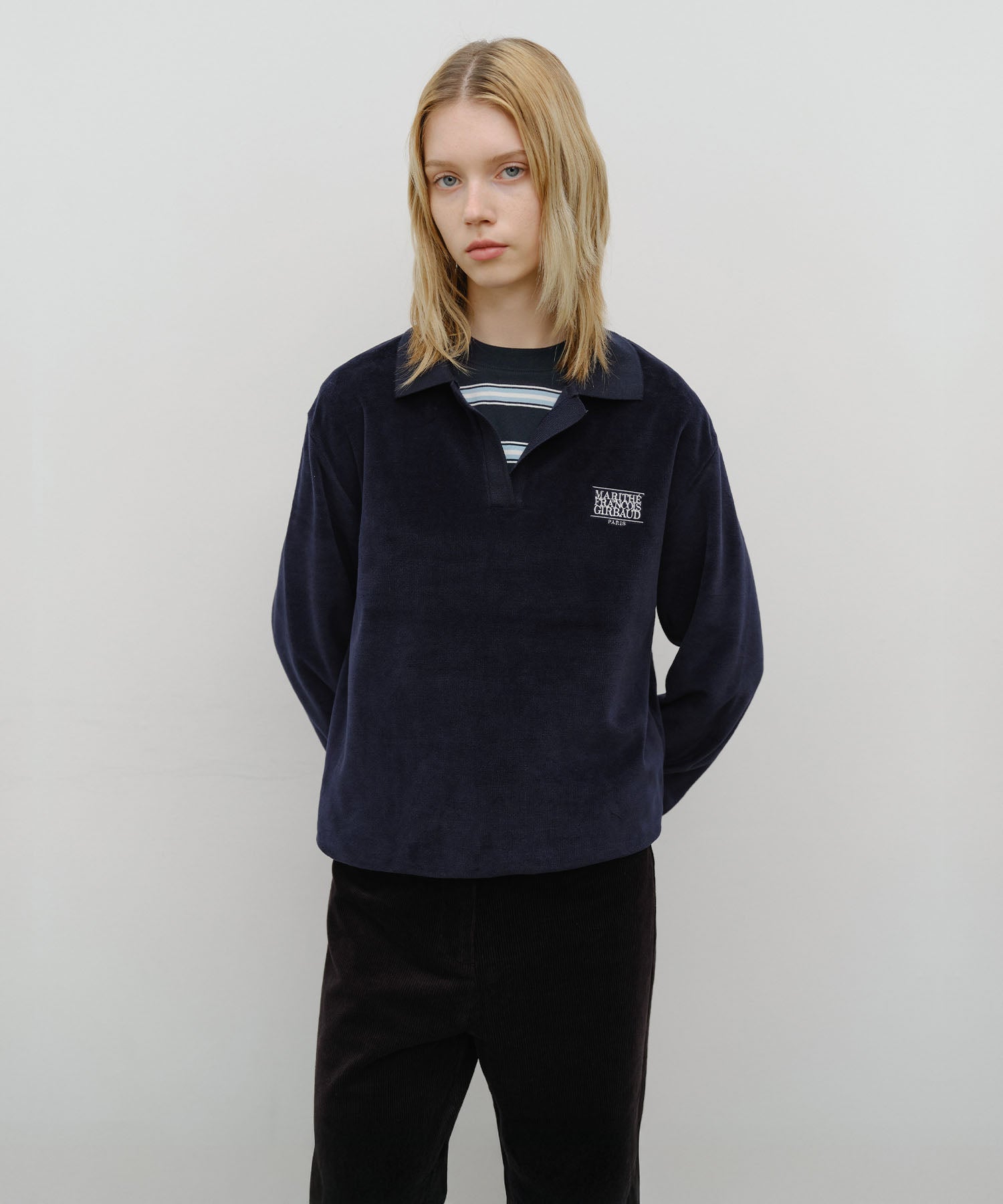 Marithe & Francois Girbaud - Classic Logo Collared Velour Sweatshirt (Navy) product image 1 | TRAB K-Fashion Australia