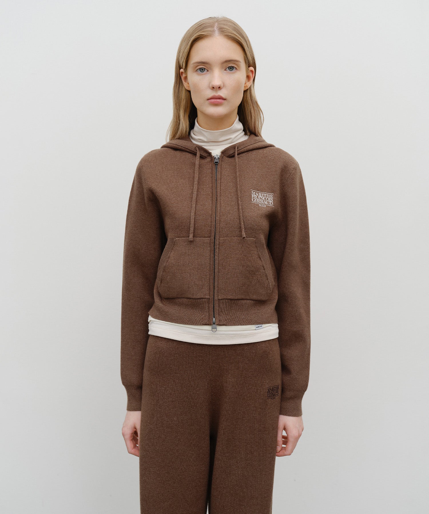 Marithe & Francois Girbaud - Classic Logo Crop Knit Hoodie Zipup (Brown) product image 1 | TRAB K-Fashion Australia