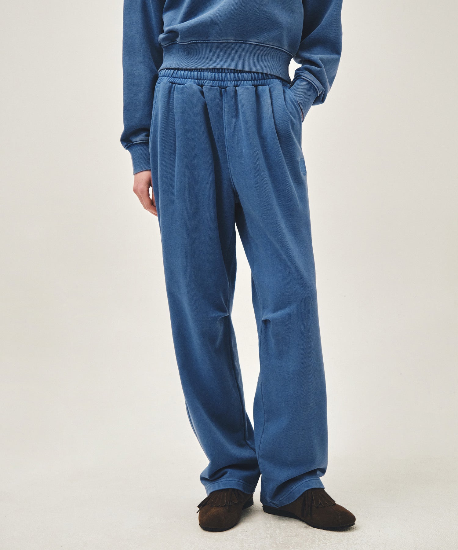 Marithe & Francois Girbaud - Outline Classic Logo Dyeing Tuck Wide Sweat Pants (Blue) product image 1 | TRAB K-Fashion Australia
