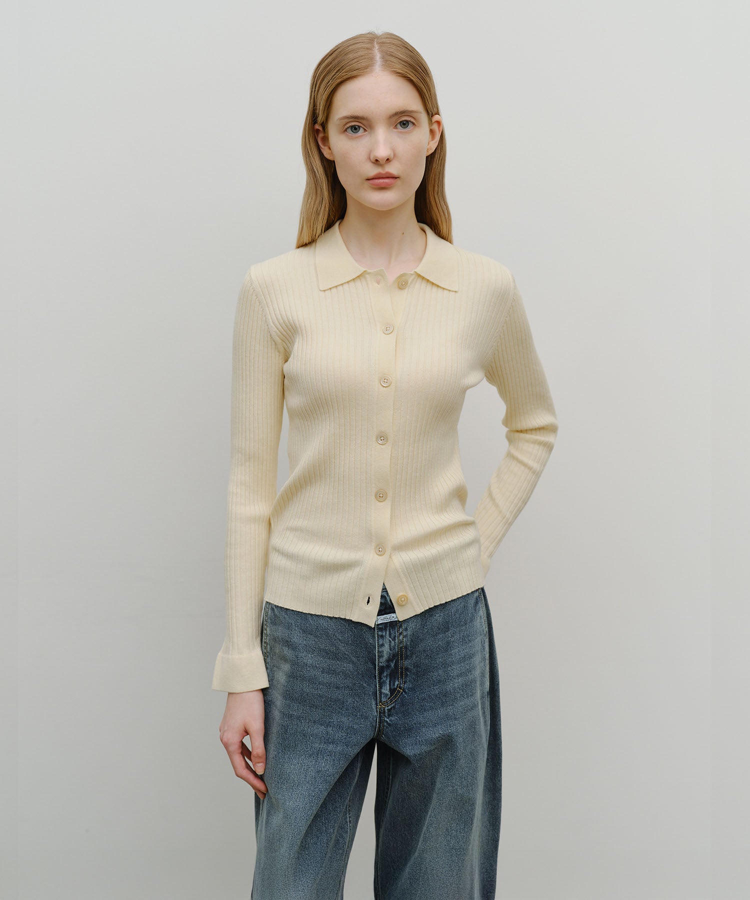 Marithe & Francois Girbaud - Slim Fit Collar Cardigan (Cream) product image 1 | TRAB K-Fashion Australia