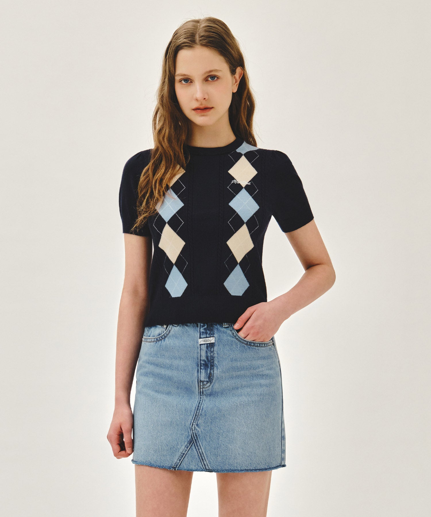 Marithe & Francois Girbaud - Argyle Cable Half Knit Pullover (Navy) product image 1 | TRAB K-Fashion Australia