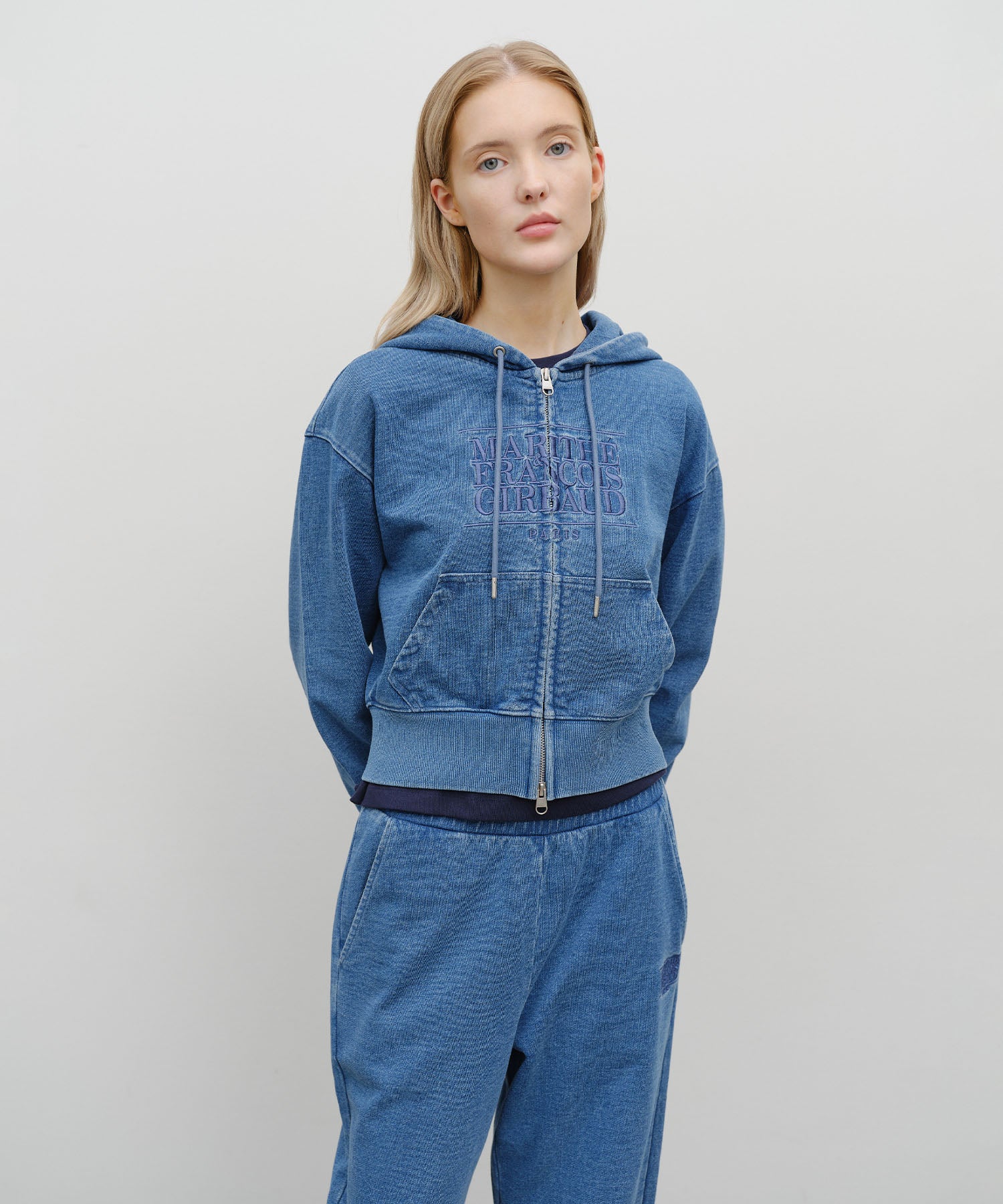 Marithe & Francois Girbaud - Embroidery Classic Logo Crop Hoodie Zipup (Blue) product image 1 | TRAB K-Fashion Australia