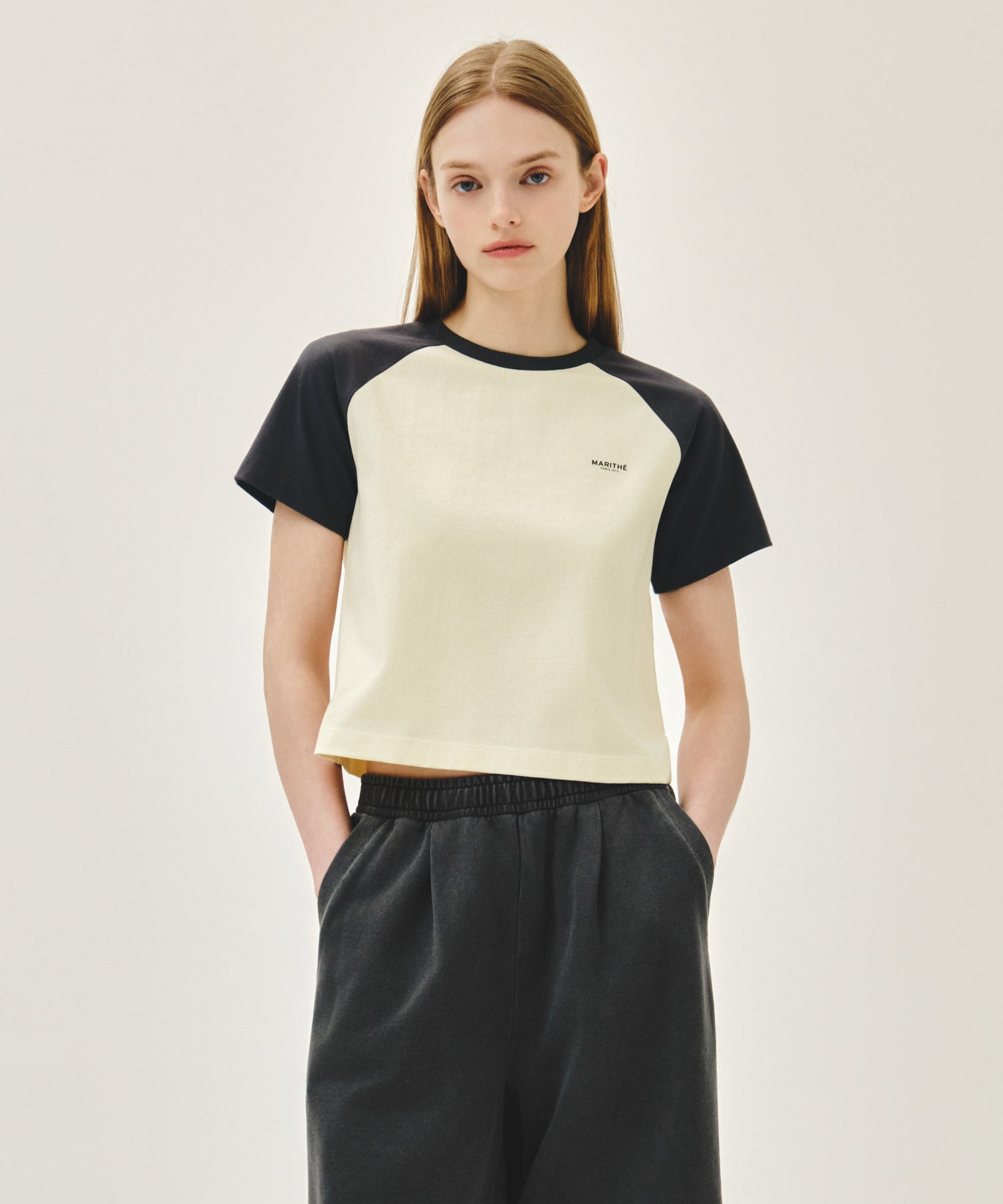 Marithe & Francois Girbaud - Small Regular Logo Raglan Crop Tee (Charcoal) product image 1 | TRAB K-Fashion Australia