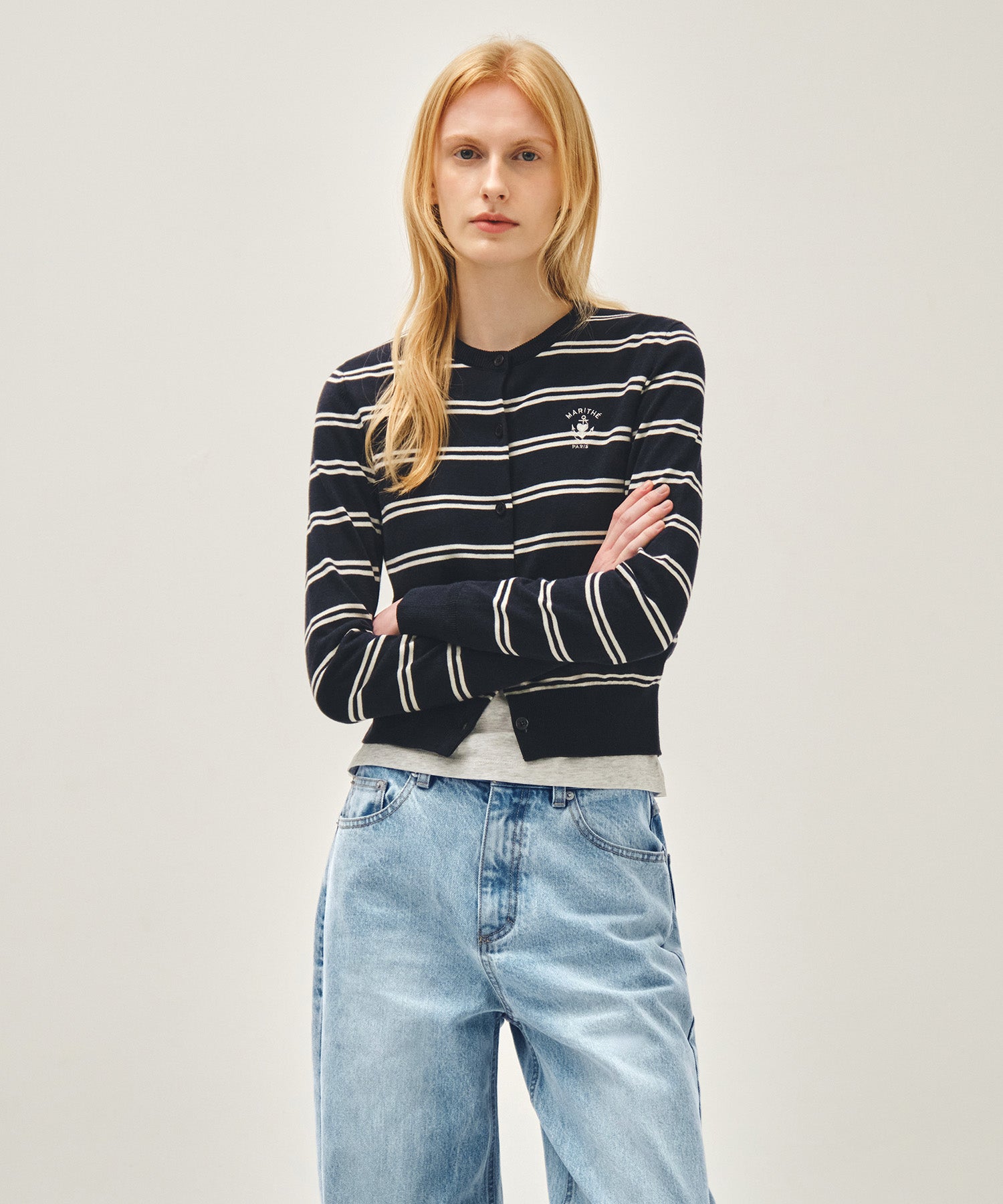 Marithe & Francois Girbaud - Stripe Knit Cardigan (Navy) product image 1 | TRAB K-Fashion Australia