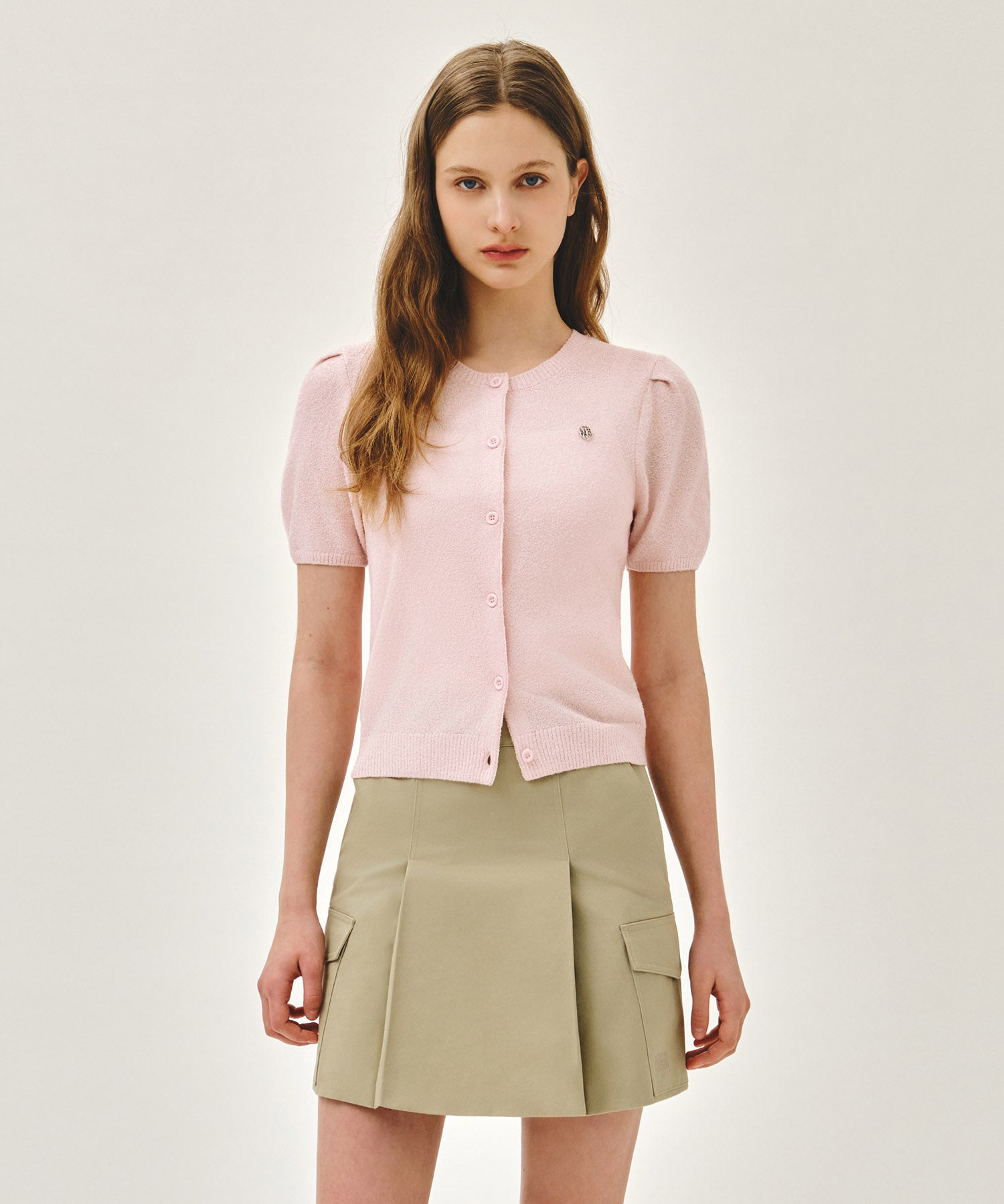 Marithe & Francois Girbaud - Puff Sleeve Half Knit Cardigan (Pink) product image 1 | TRAB K-Fashion Australia