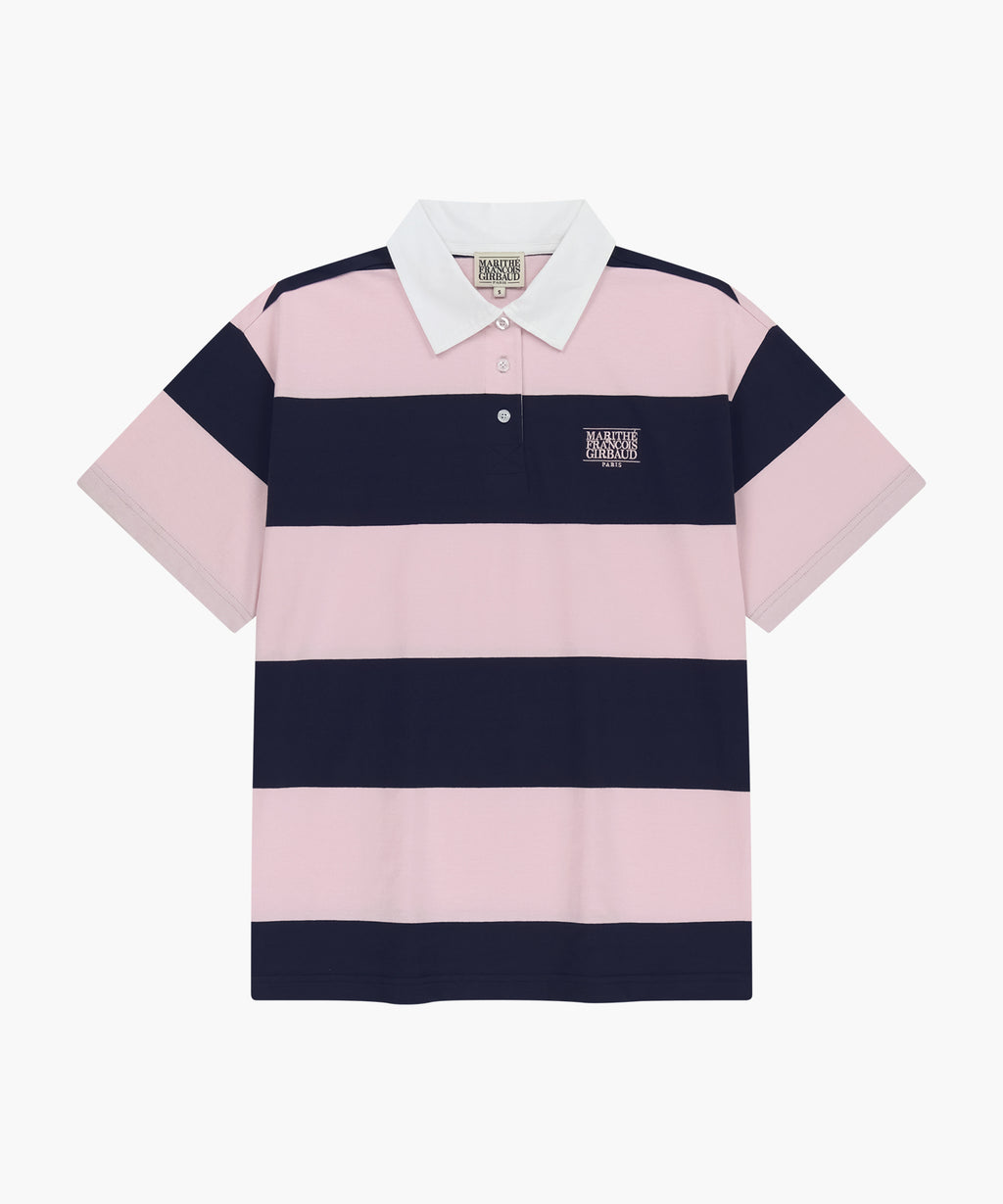 Marithe & Francois Girbaud - [Pre-order – Ships 10 Jul] Small Classic Logo Rugby Stripe Oversized Collar Tee (Pink) product image 1 | TRAB K-Fashion Australia