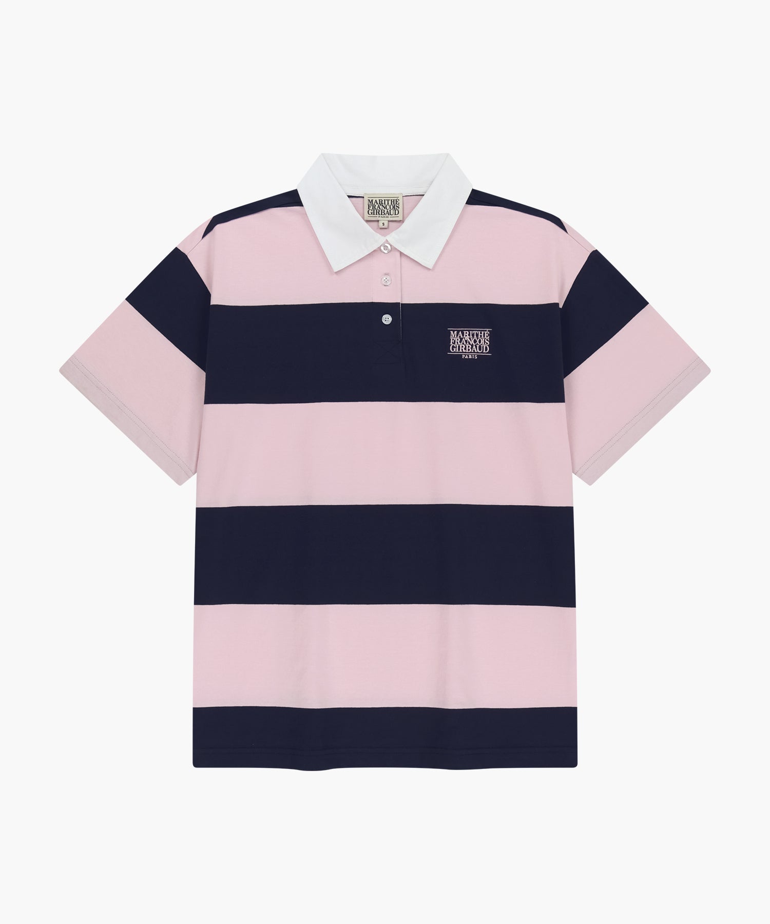 Marithe & Francois Girbaud - [Pre-order – Ships 10 Jul] Small Classic Logo Rugby Stripe Oversized Collar Tee (Pink) product image 1 | TRAB K-Fashion Australia