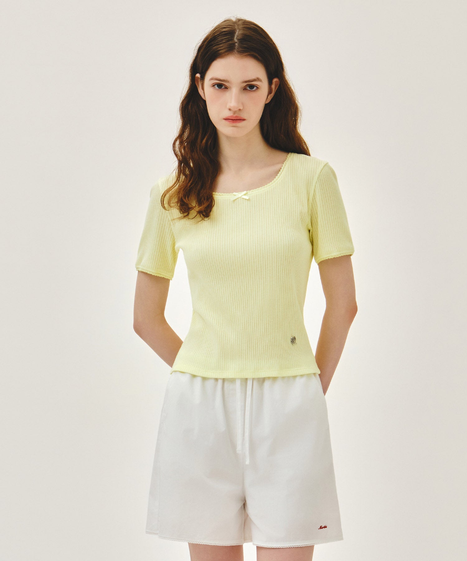 Marithe & Francois Girbaud - Square Neck Lace Detail Tee (Light Yellow) product image 1 | TRAB K-Fashion Australia