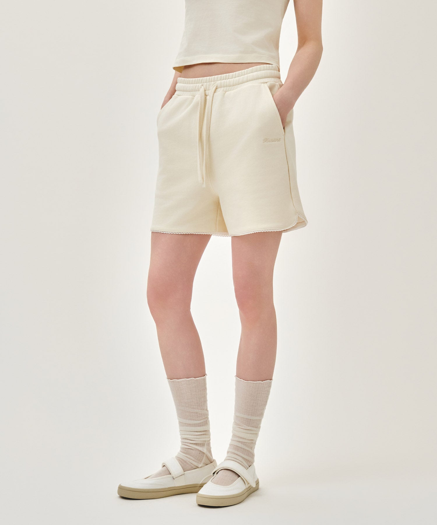 Marithe & Francois Girbaud - Lace Detail Sweat Shorts (Ivory) product image 1 | TRAB K-Fashion Australia