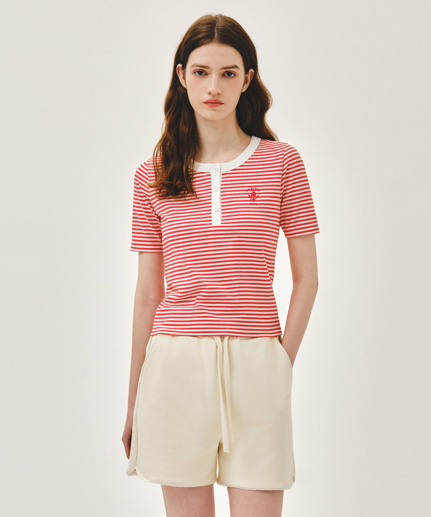 Marithe & Francois Girbaud - Stripe Henley Neck Tee (Red) product image 1 | TRAB K-Fashion Australia