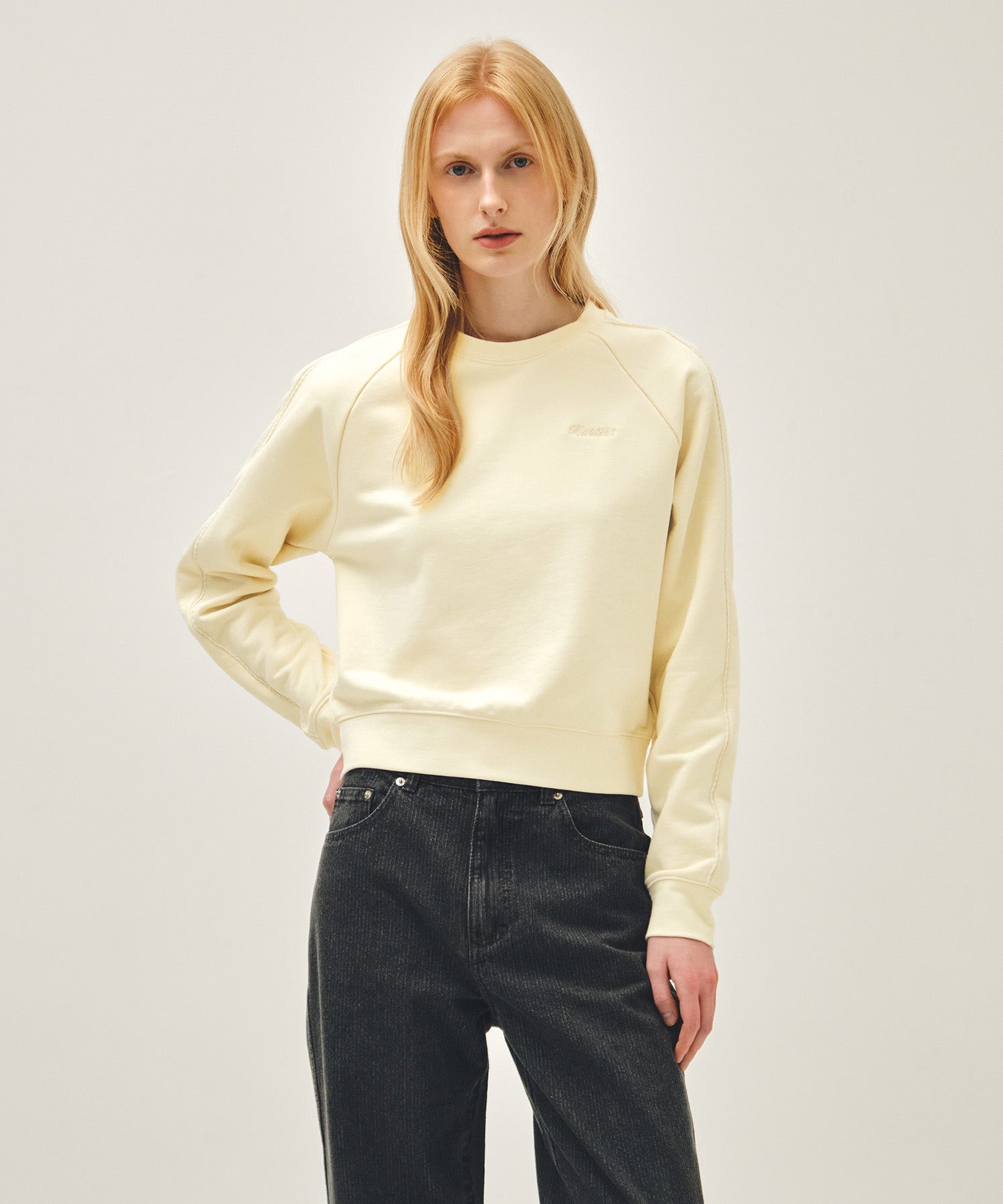 Marithe & Francois Girbaud - Lace Detail Crop Sweatshirt (Ivory) product image 1 | TRAB K-Fashion Australia