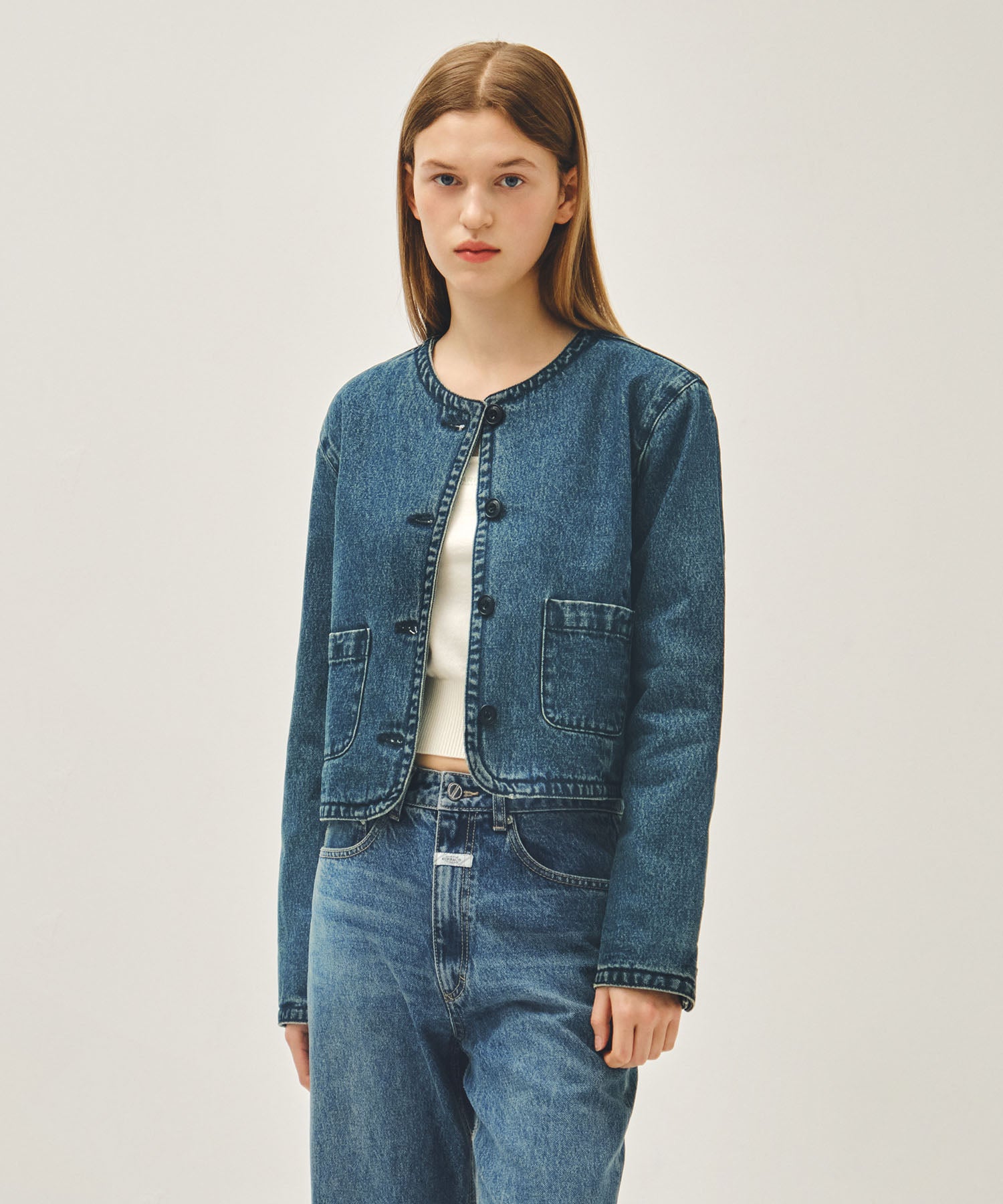 Marithe & Francois Girbaud - Round Neck Denim Jacket (Dark Blue) product image 1 | TRAB K-Fashion Australia
