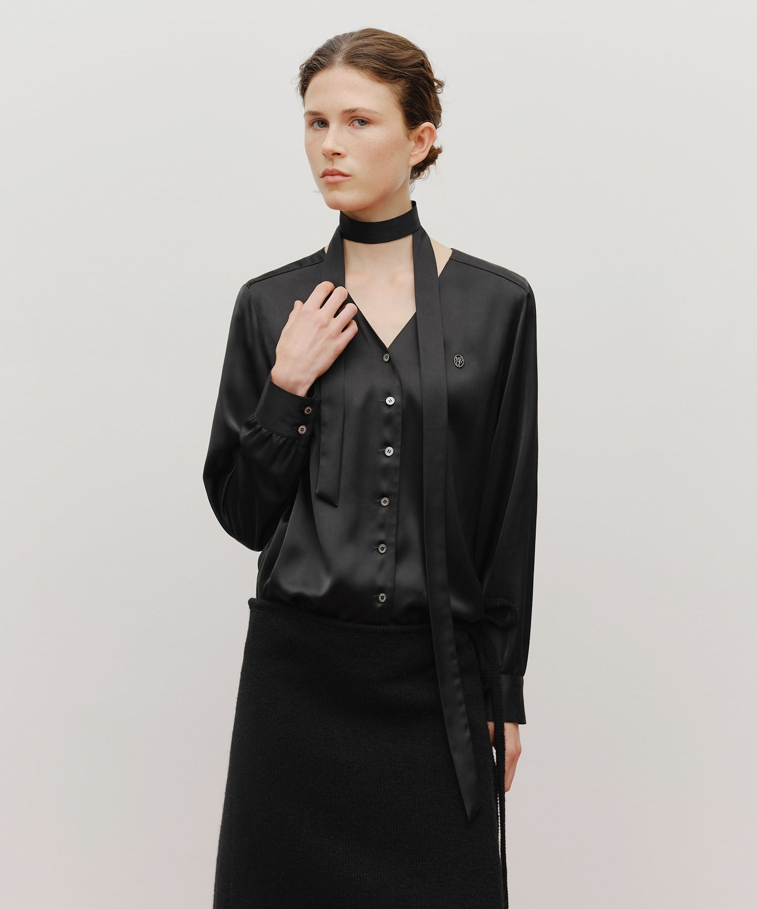 Marithe & Francois Girbaud - V-neck Tie Blouse (Black) product image 1 | TRAB K-Fashion Australia