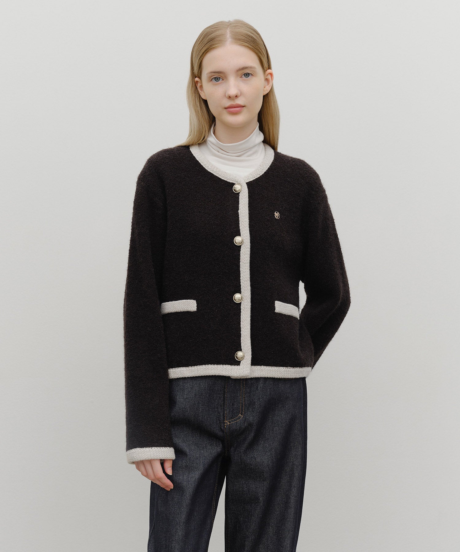 Marithe & Francois Girbaud - Boucle Knit Round Neck Cardigan (Black) product image 1 | TRAB K-Fashion Australia