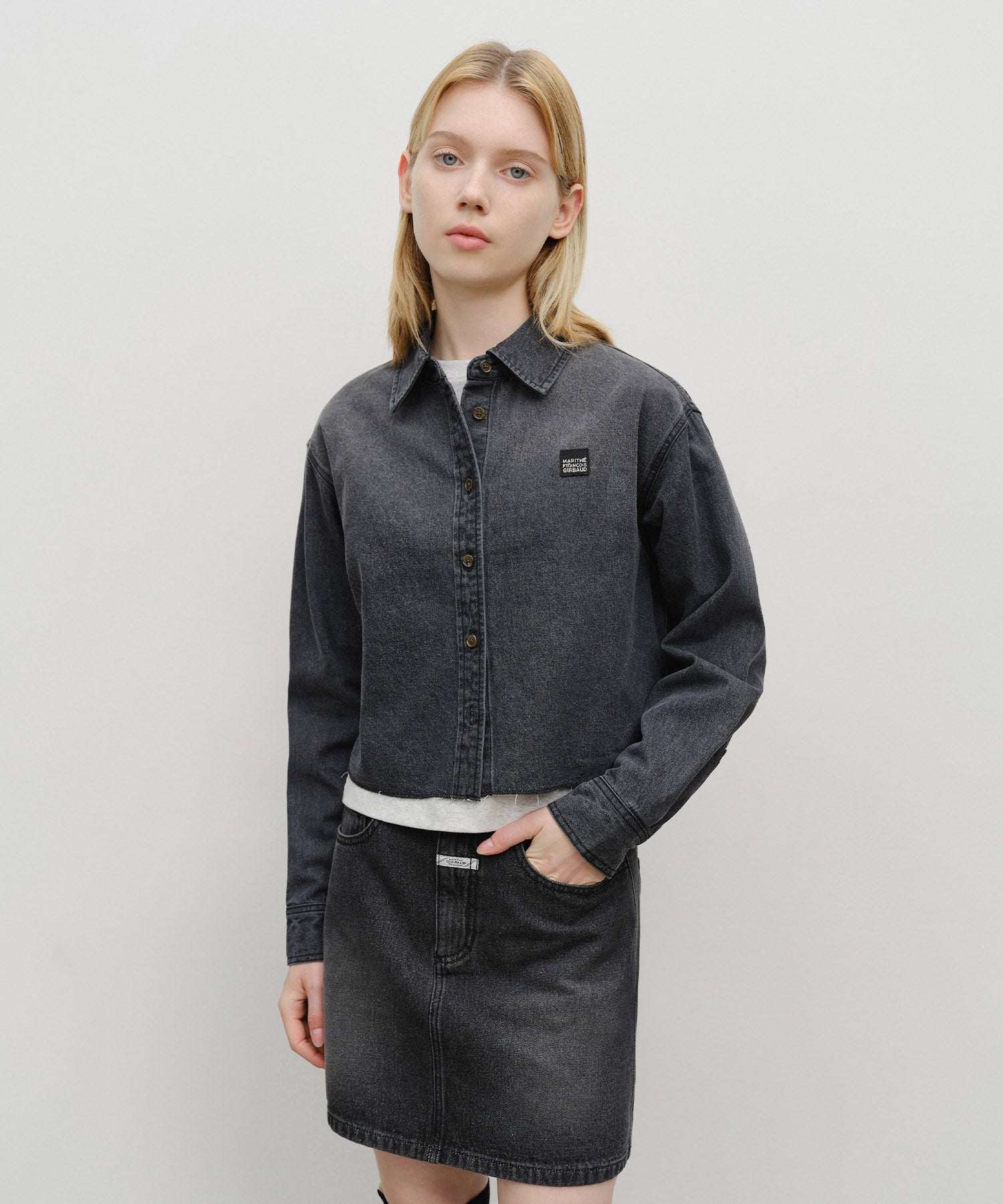 Marithe & Francois Girbaud - Heritage Lettering Logo Denim Crop Shirt (Black) product image 1 | TRAB K-Fashion Australia