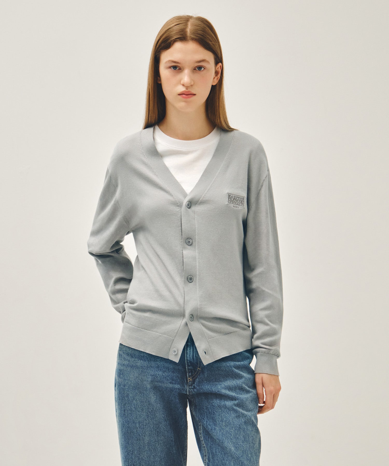Marithe & Francois Girbaud - Small Classic Logo V-neck Knit Cardigan (Gray) product image 1 | TRAB K-Fashion Australia