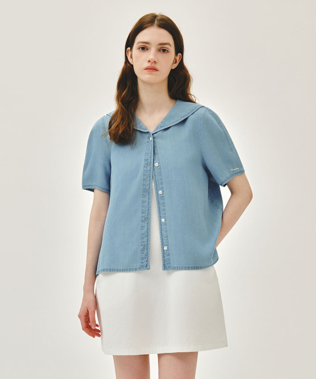 Marithe & Francois Girbaud - Sailor Collar Short Sleeve Chambray Shirt (Light Blue) product image 1 | TRAB K-Fashion Australia
