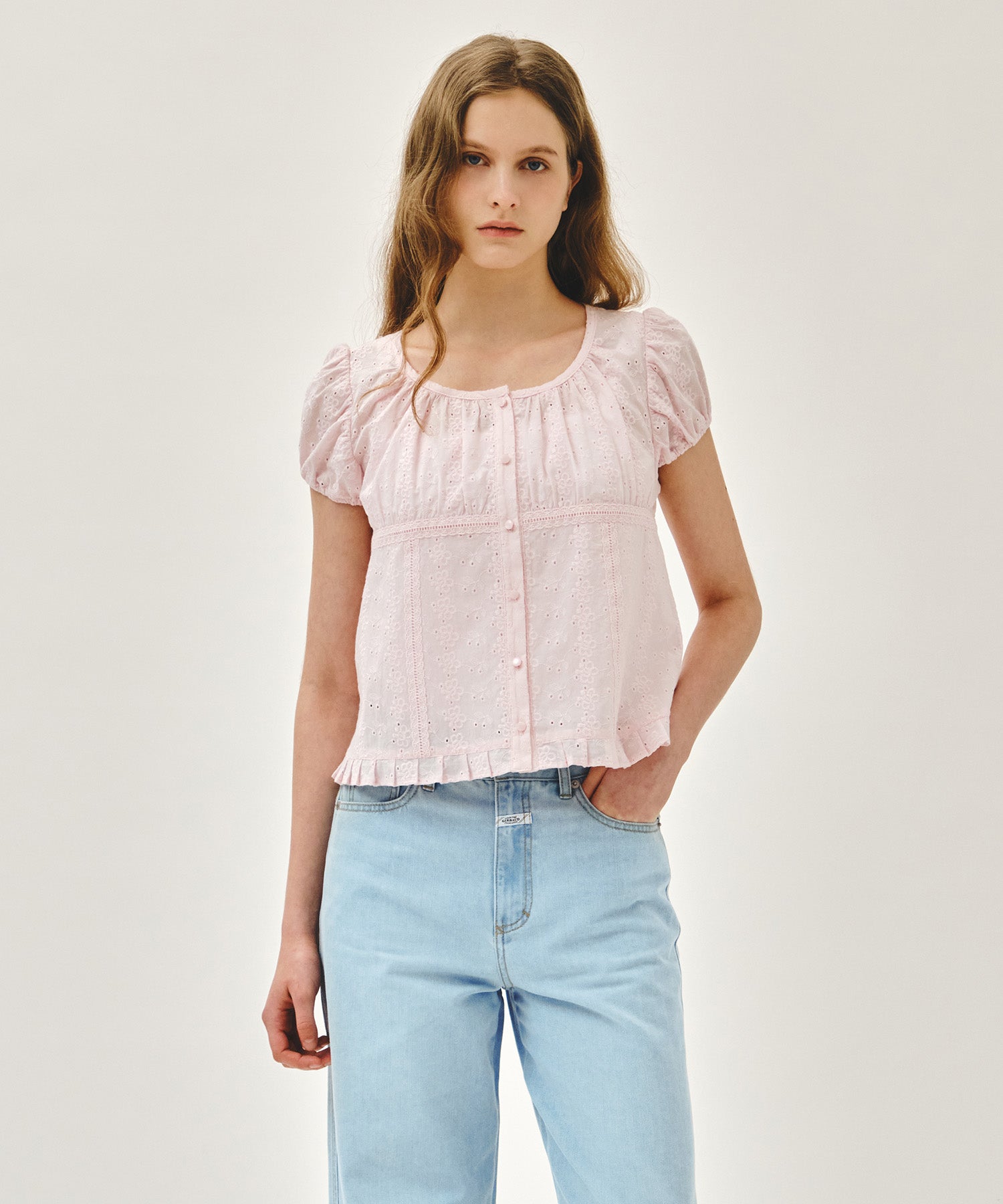 Marithe & Francois Girbaud - Puff Sleeve Lace Shirt (Light Pink) product image 1 | TRAB K-Fashion Australia