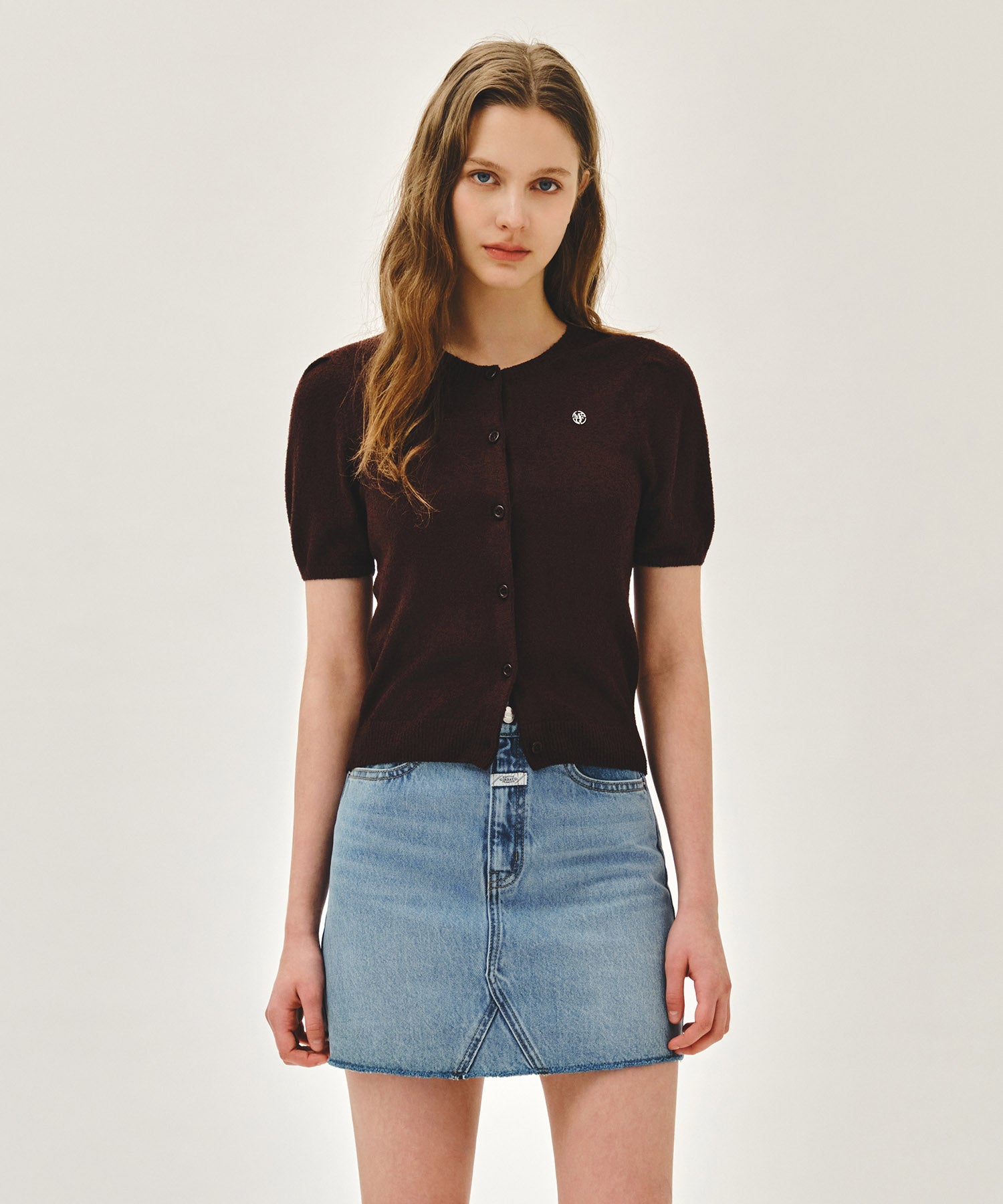 Marithe & Francois Girbaud - Puff Sleeve Half Knit Cardigan (Dark Brown) product image 1 | TRAB K-Fashion Australia