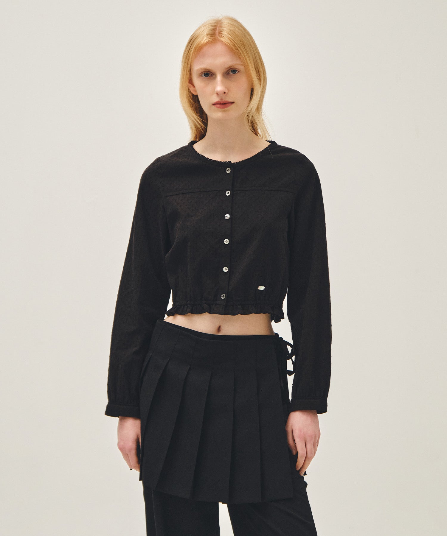 Marithe & Francois Girbaud - Lace Shirring Crop Blouse (Black) product image 1 | TRAB K-Fashion Australia