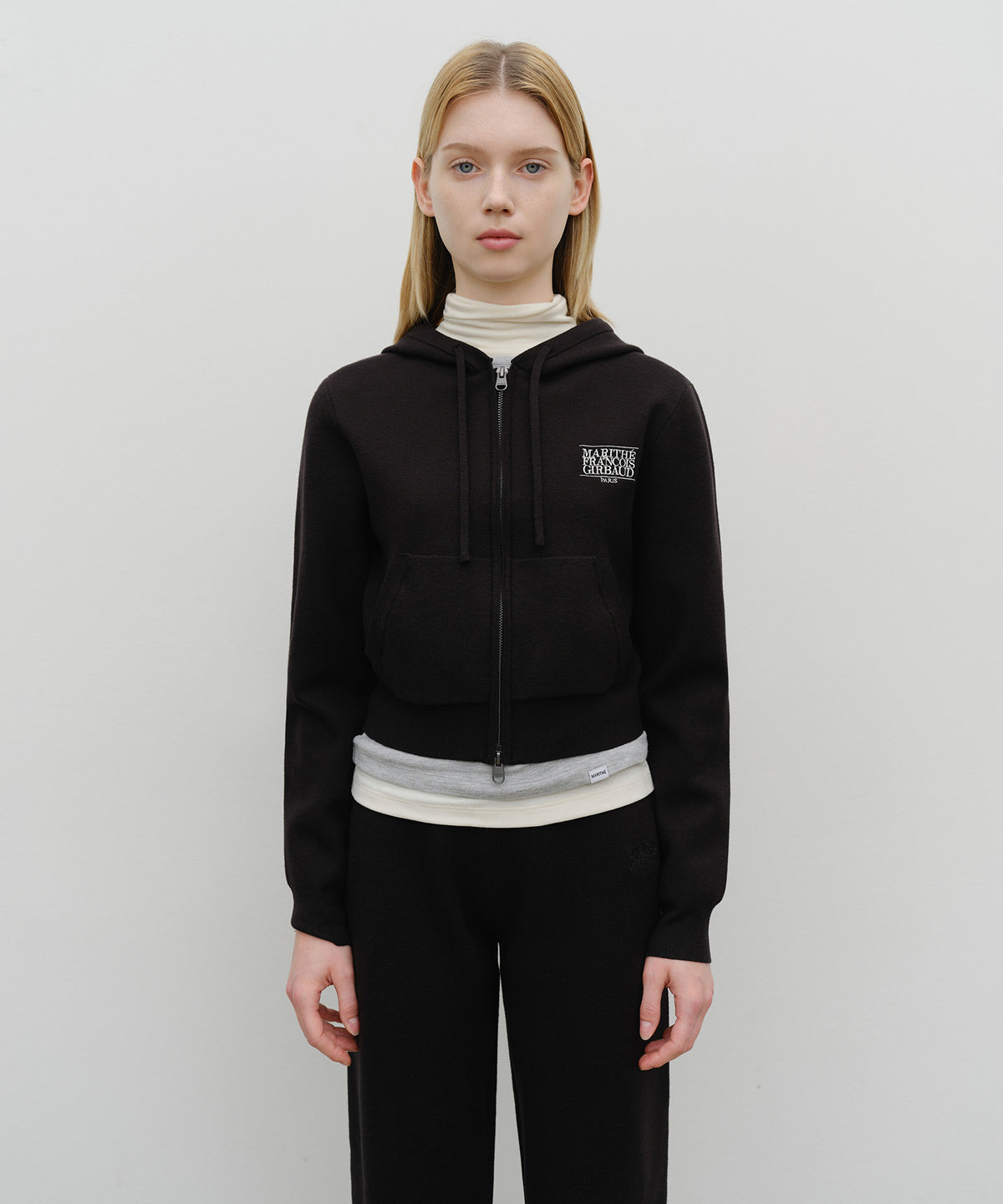 Marithe & Francois Girbaud - Classic Logo Crop Knit Hoodie Zipup (Black) product image 1 | TRAB K-Fashion Australia