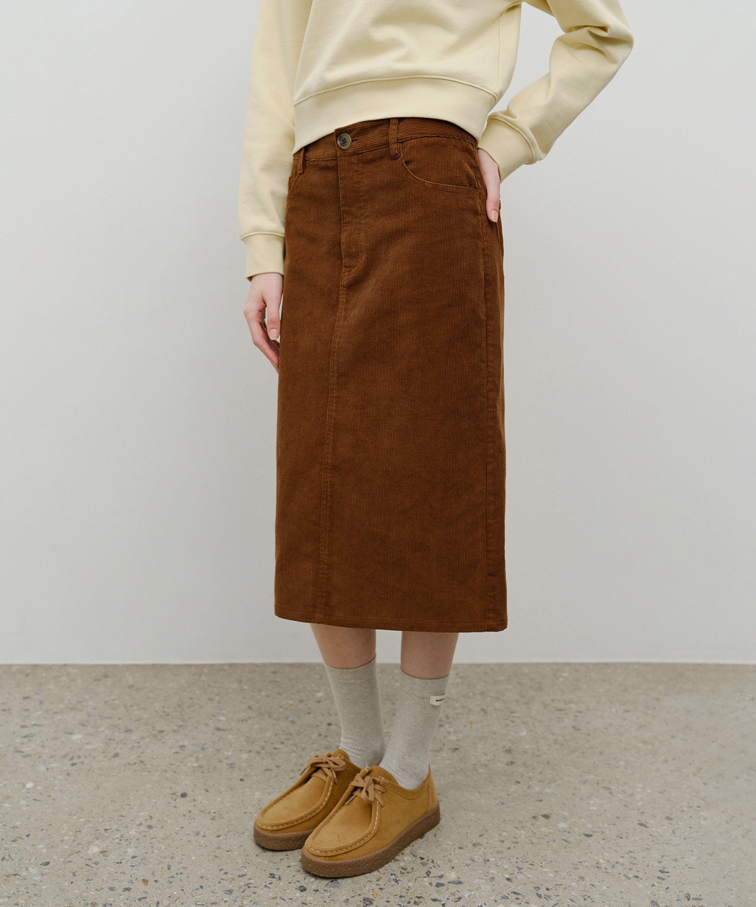 Marithe & Francois Girbaud - Classic Corduroy Midi Skirt (Brown) product image 1 | TRAB K-Fashion Australia