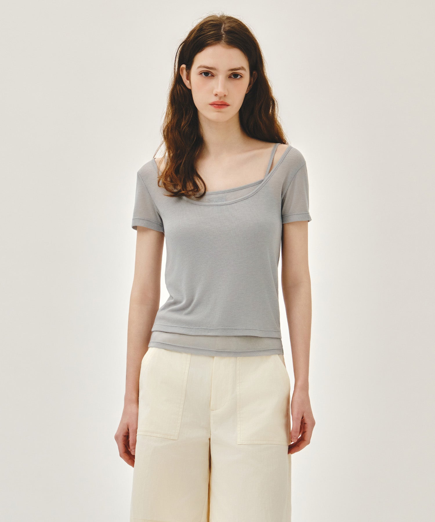 Marithe & Francois Girbaud - Small Classic Logo Sleeveless Layered Slim Crop Tee (Light Gray) product image 1 | TRAB K-Fashion Australia