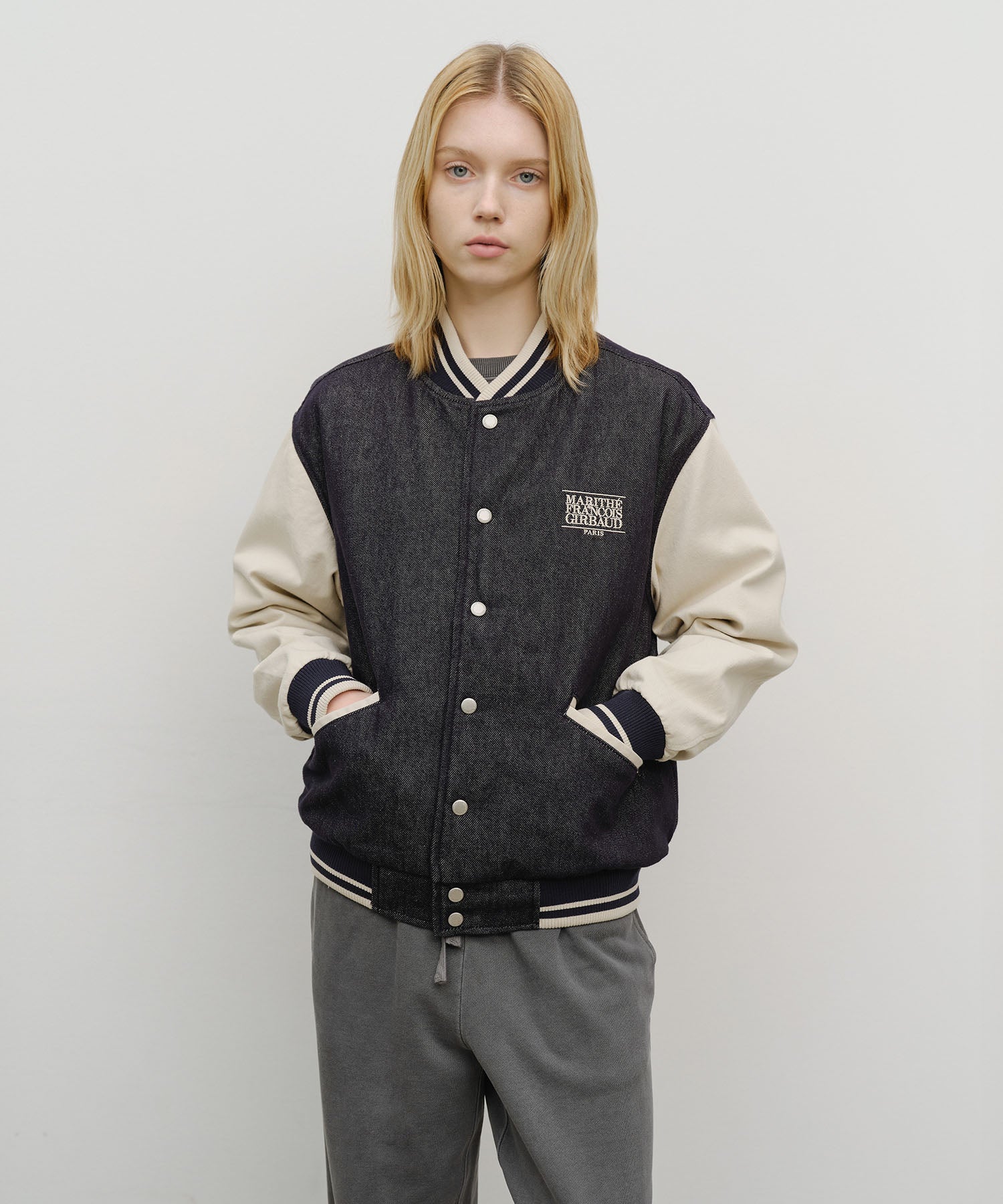 Marithe & Francois Girbaud - Classic Logo Embroidery Denim Varsity Jacket (Navy) product image 1 | TRAB K-Fashion Australia